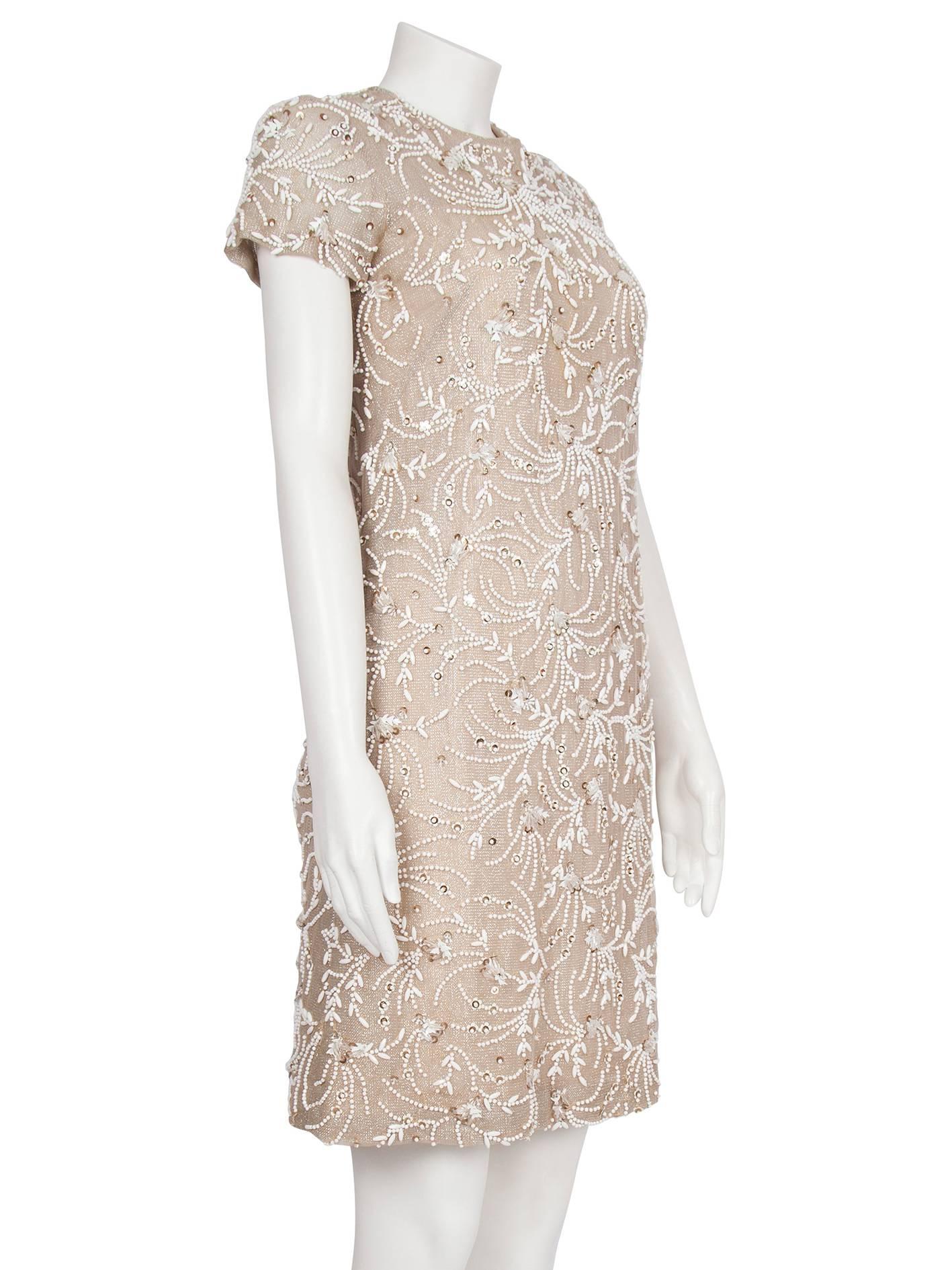 1960s Malcolm Starr Metallic and Ivory Beaded Shift Dress For Sale 2