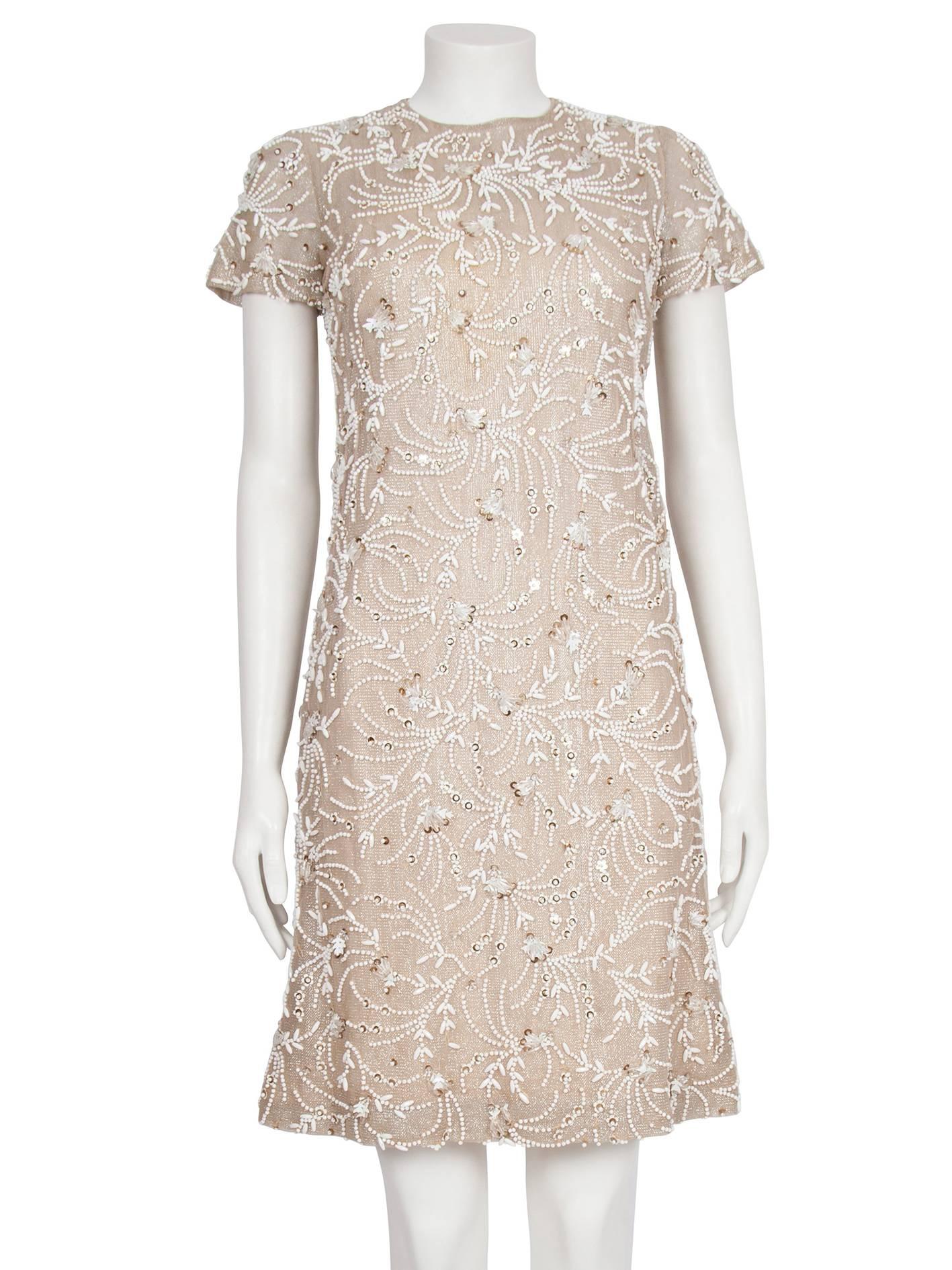 1960s Malcolm Starr Metallic and Ivory Beaded Shift Dress For Sale 1