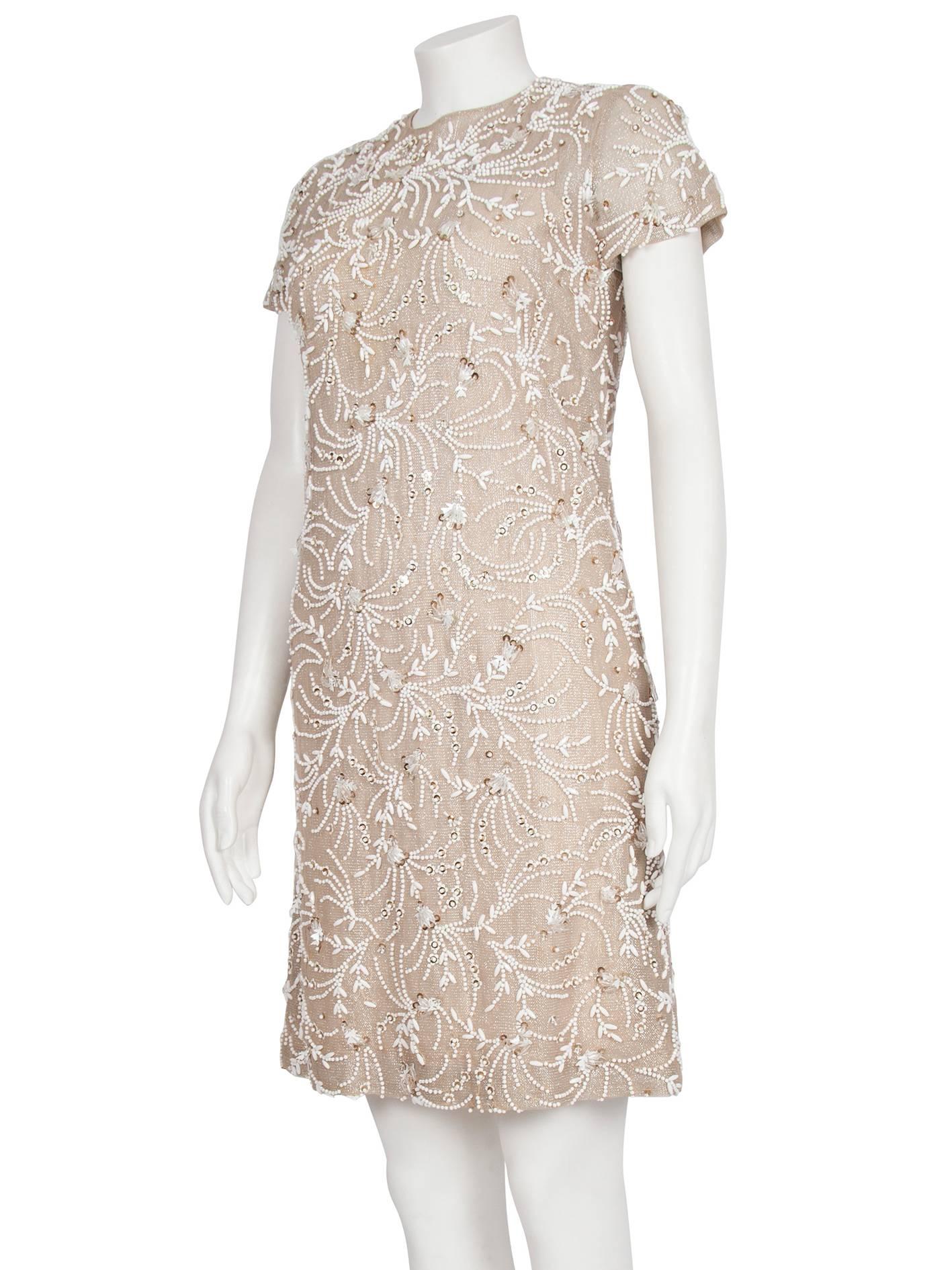 1960s Malcolm Starr Metallic and Ivory Beaded Shift Dress For Sale 3