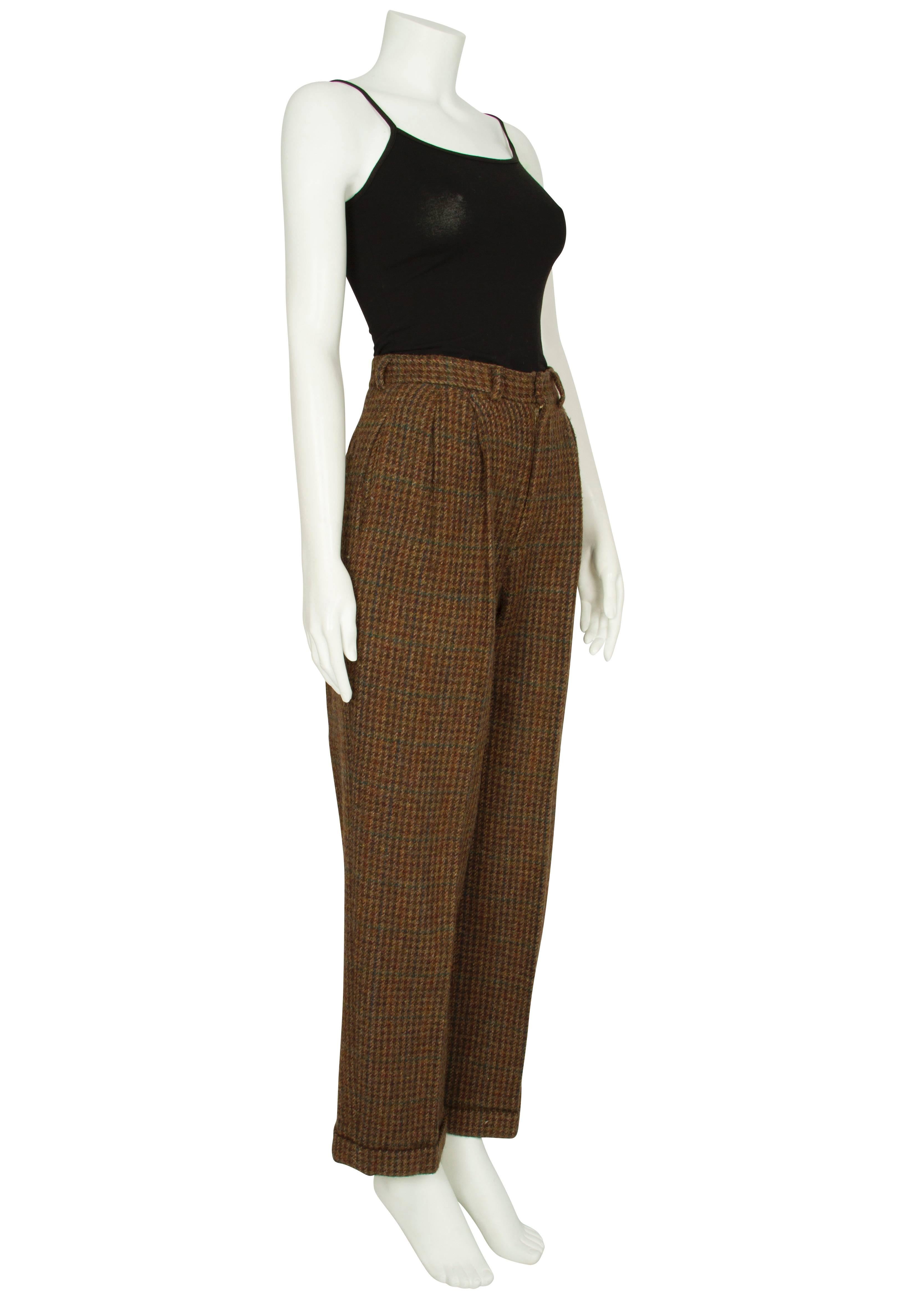 1980s Ralph Lauren Green and Burgundy Houndstooth Wool Trousers In Excellent Condition For Sale In London, GB