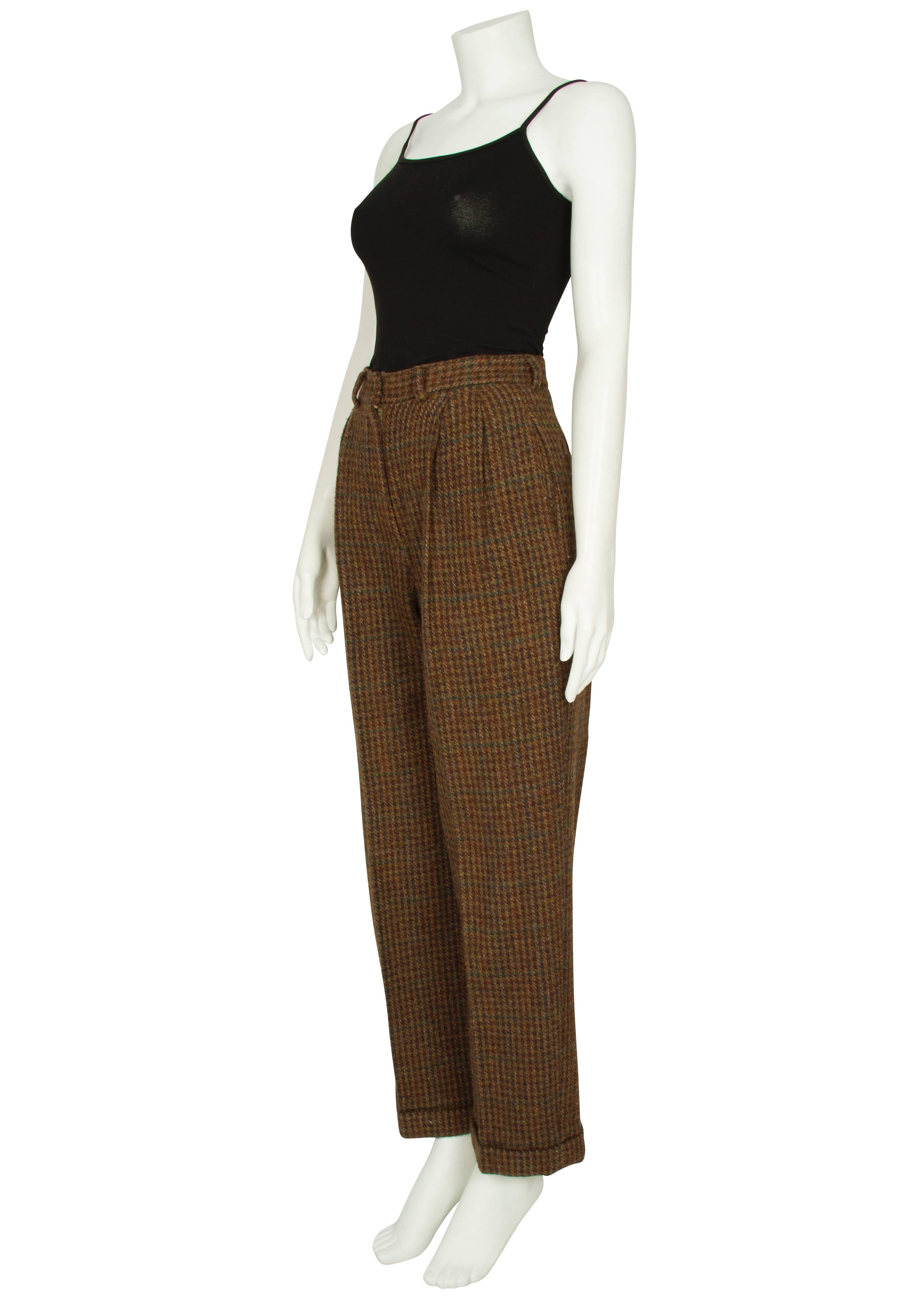 Women's 1980s Ralph Lauren Green and Burgundy Houndstooth Wool Trousers For Sale