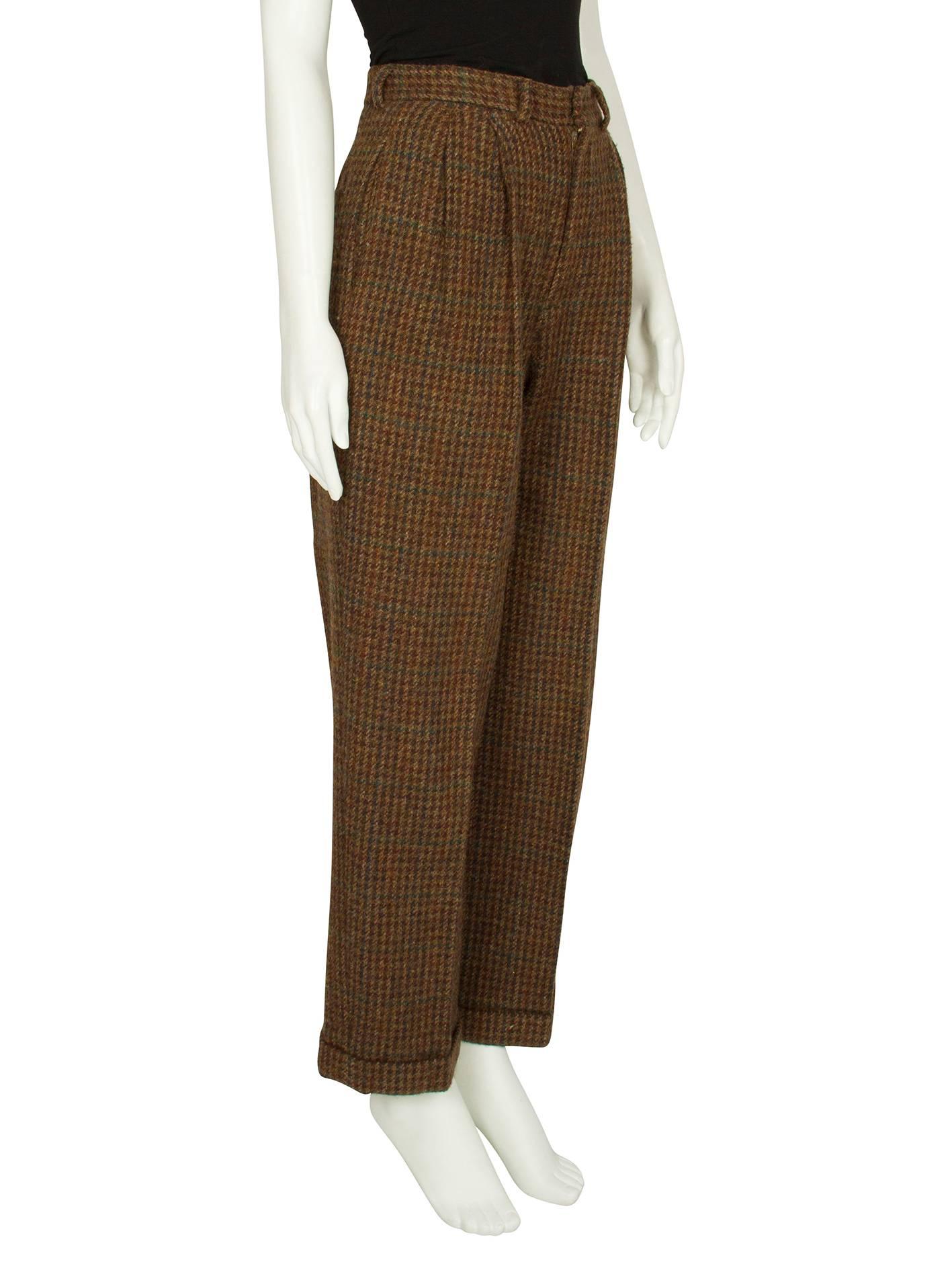 1980s Ralph Lauren Green and Burgundy Houndstooth Wool Trousers For Sale 1