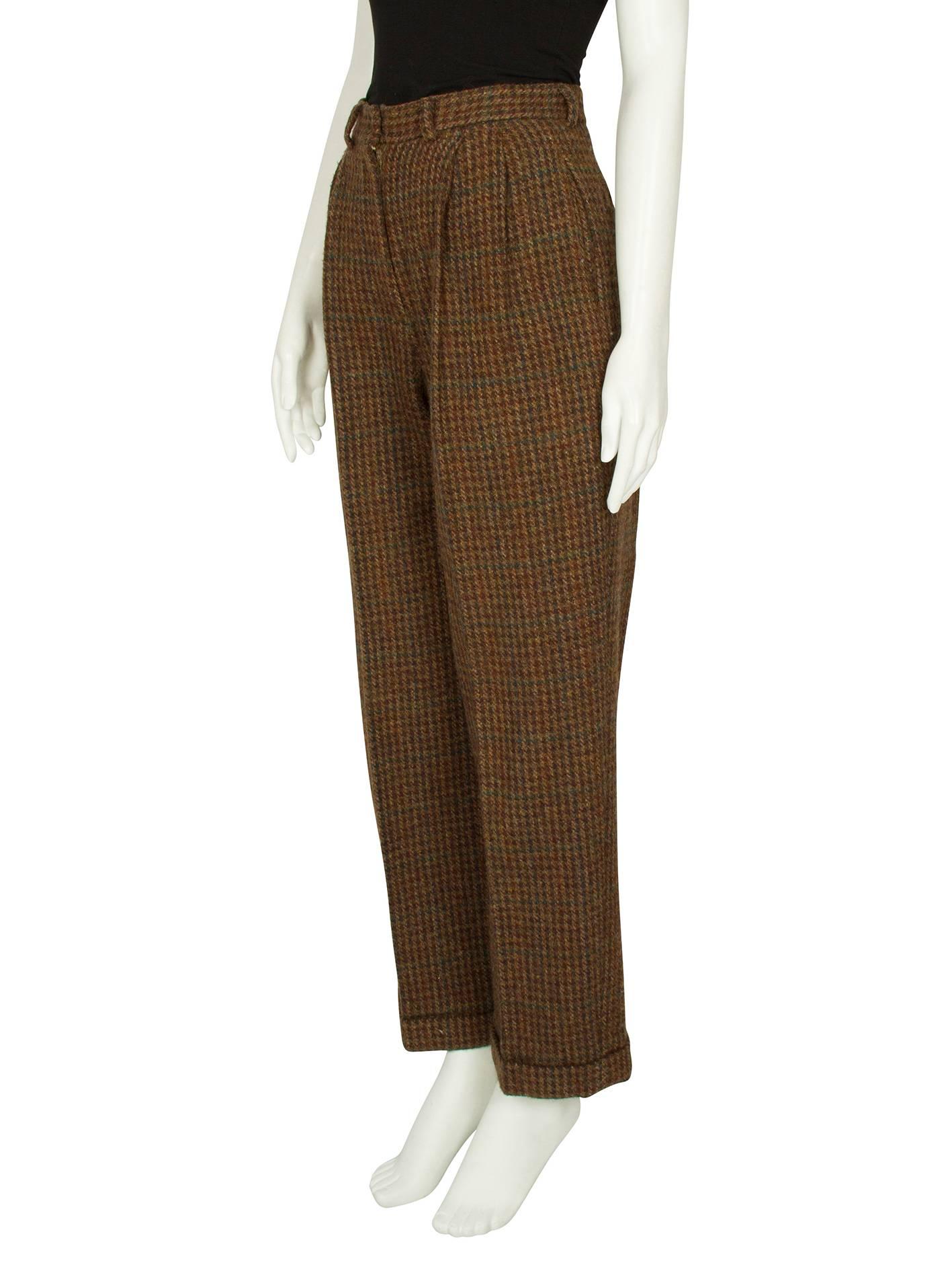 1980s Ralph Lauren Green and Burgundy Houndstooth Wool Trousers For Sale 4