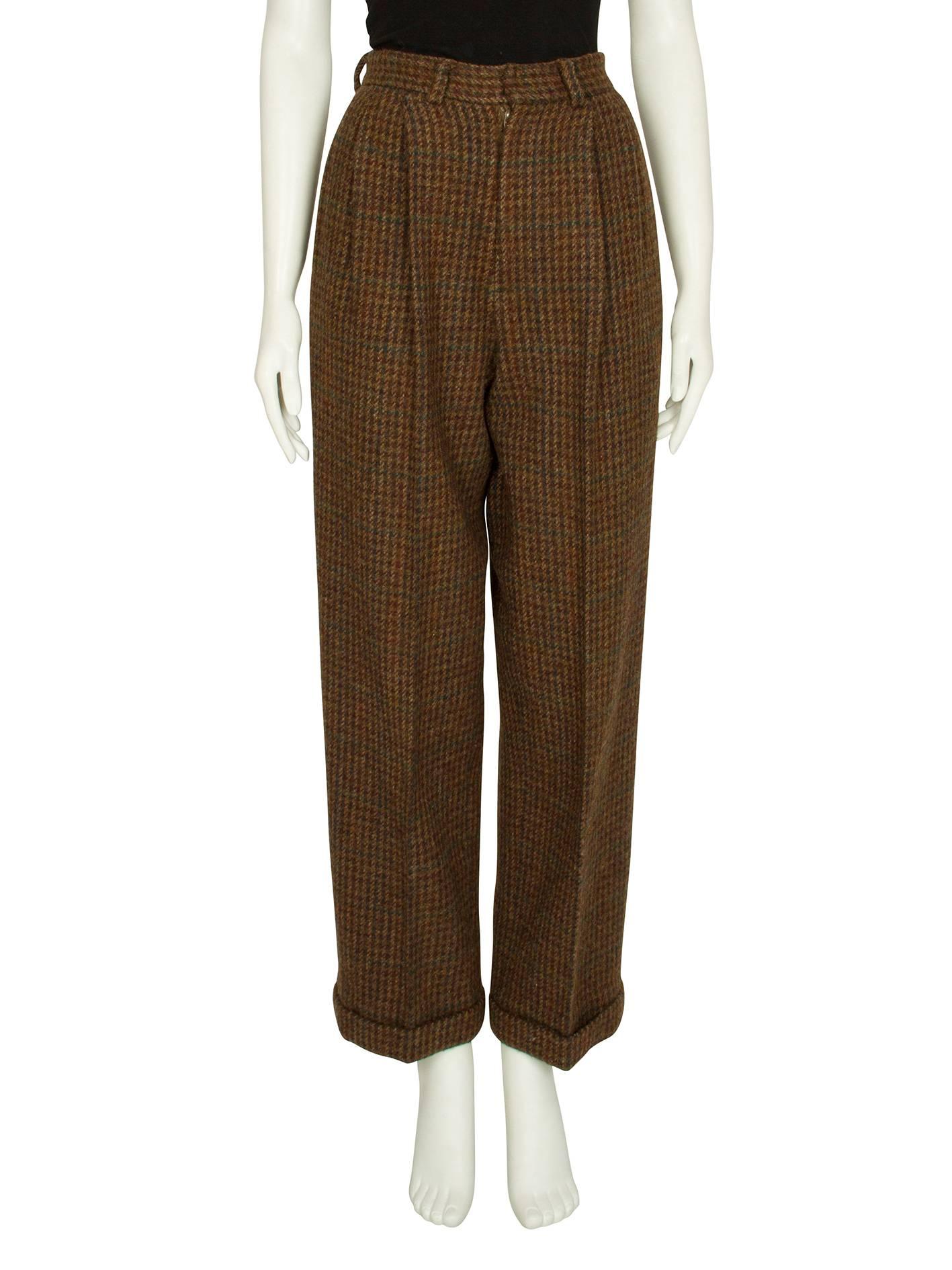 1980s Ralph Lauren Green and Burgundy Houndstooth Wool Trousers For Sale 2