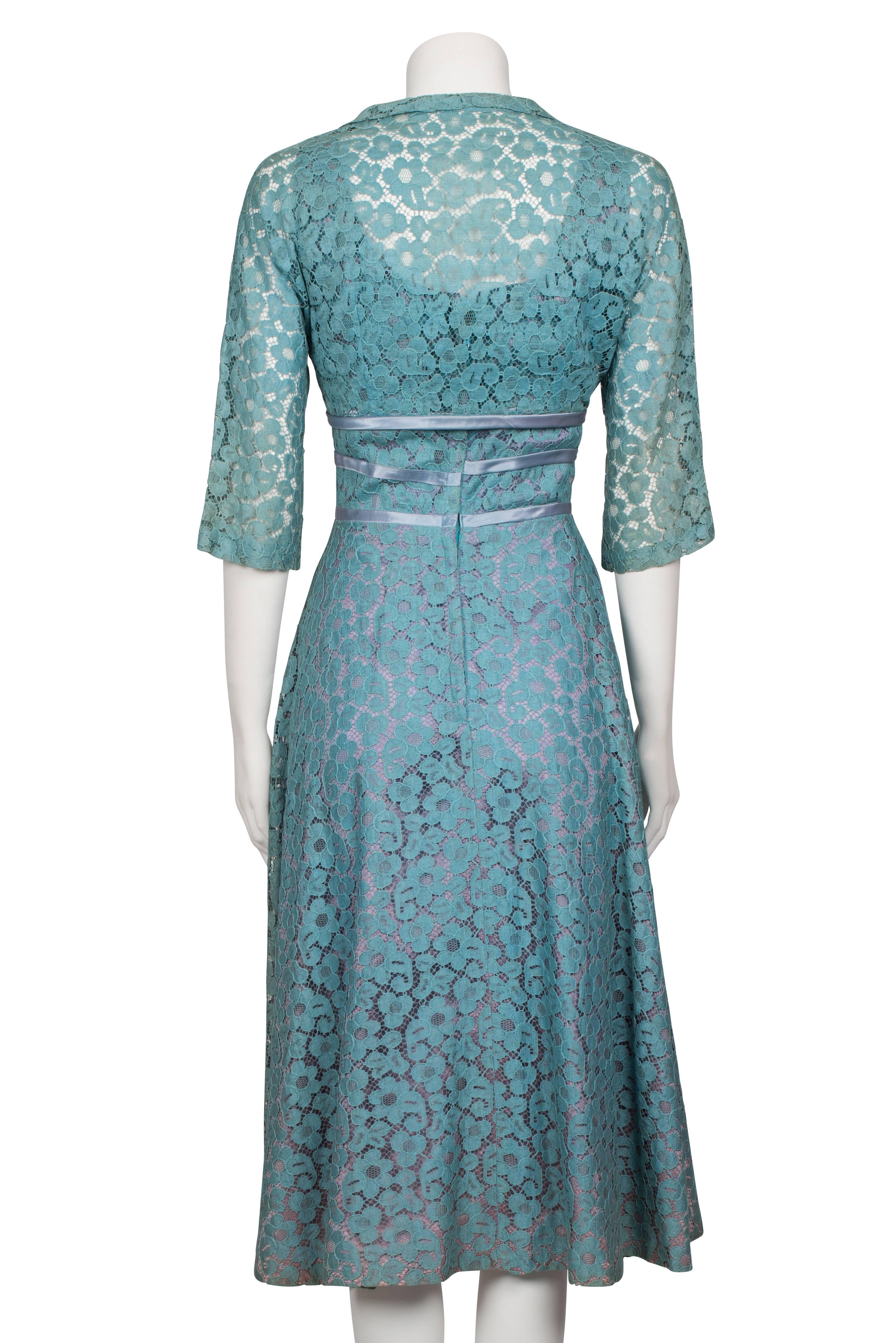 Women's 1950s Turquoise Lace and Trim Lilac Satin Trim Dress and Bolero For Sale