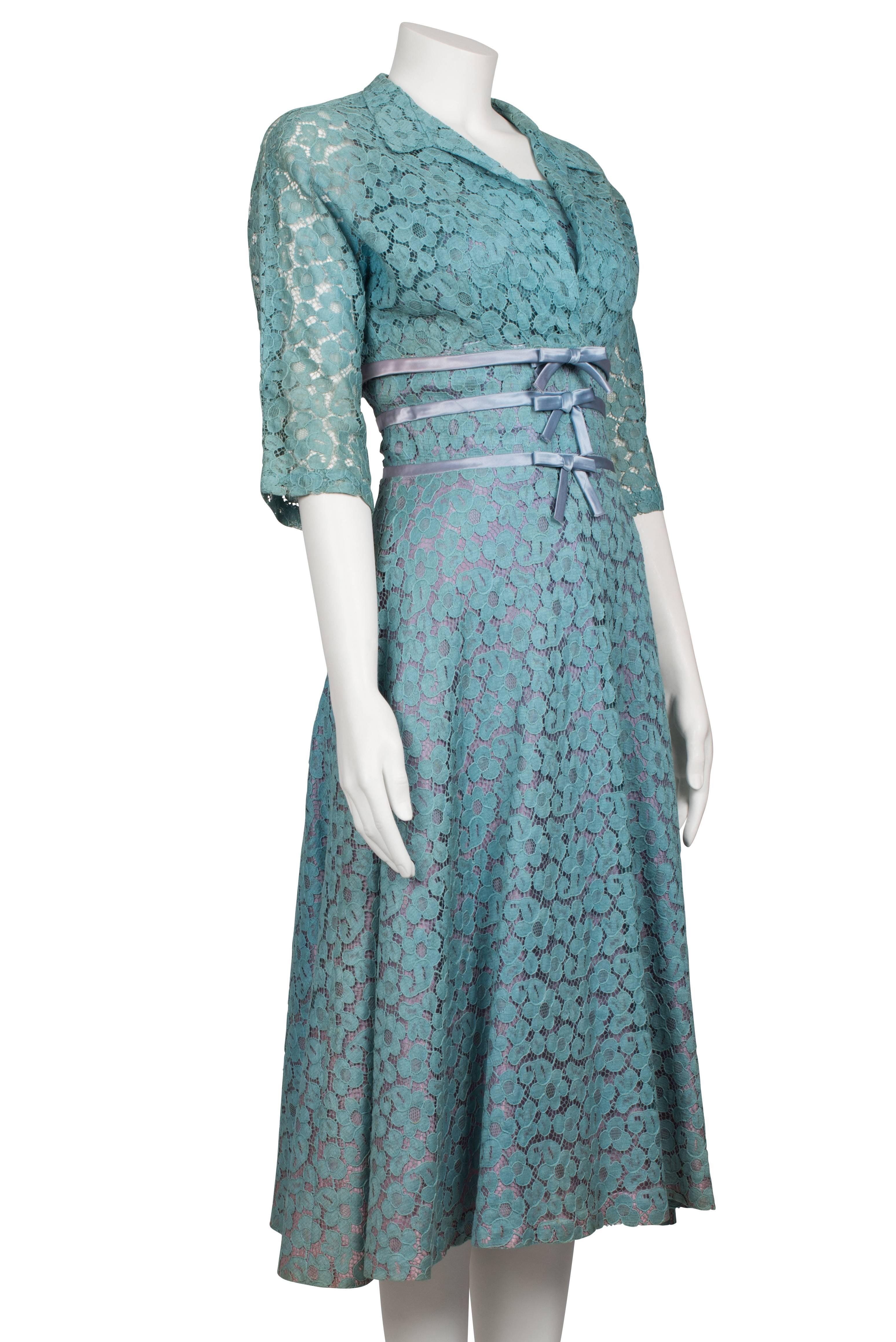 Blue 1950s Turquoise Lace and Trim Lilac Satin Trim Dress and Bolero For Sale