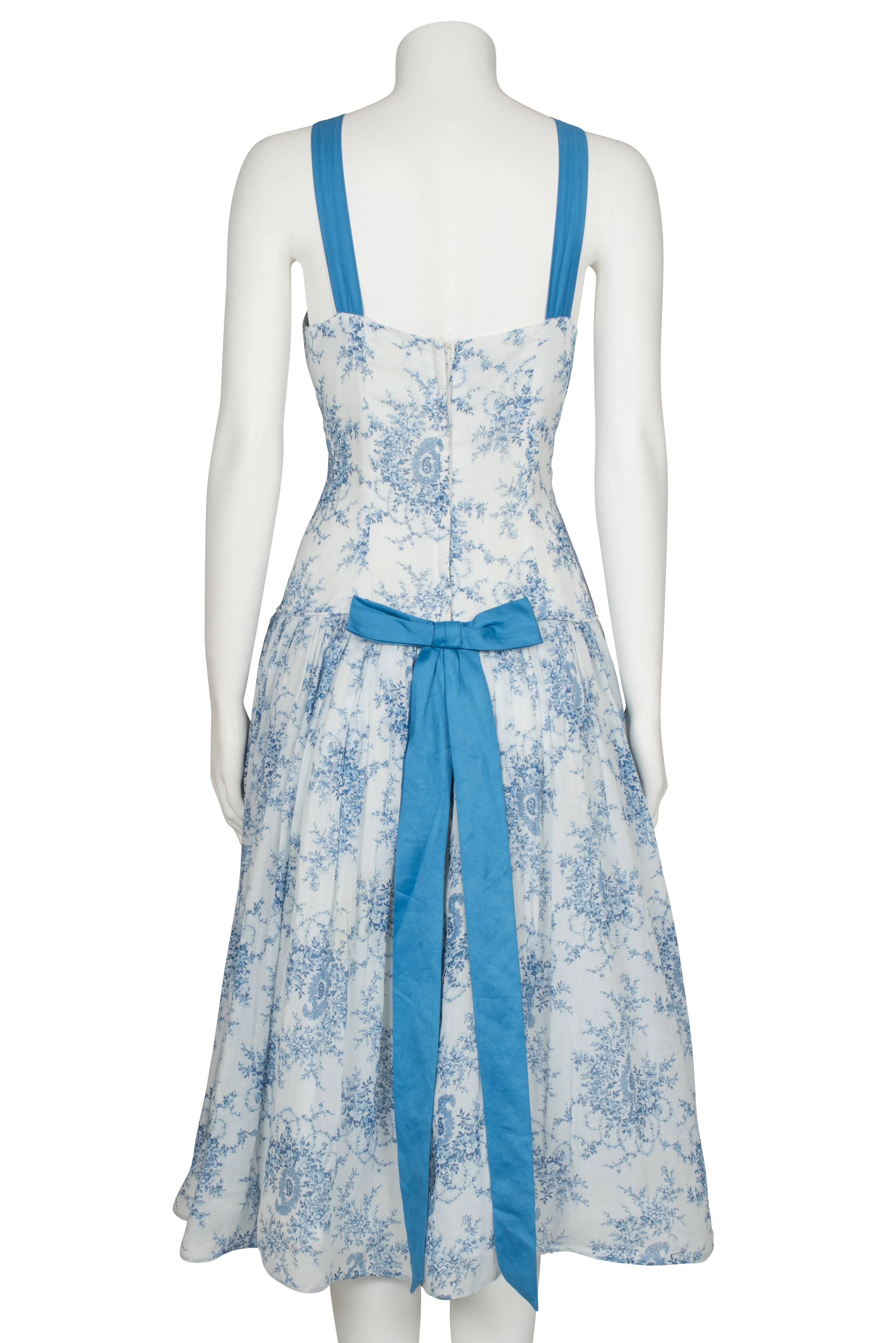Women's Late 1940's Dutch Blue And White Cotton Drop Waist Summer Dress For Sale