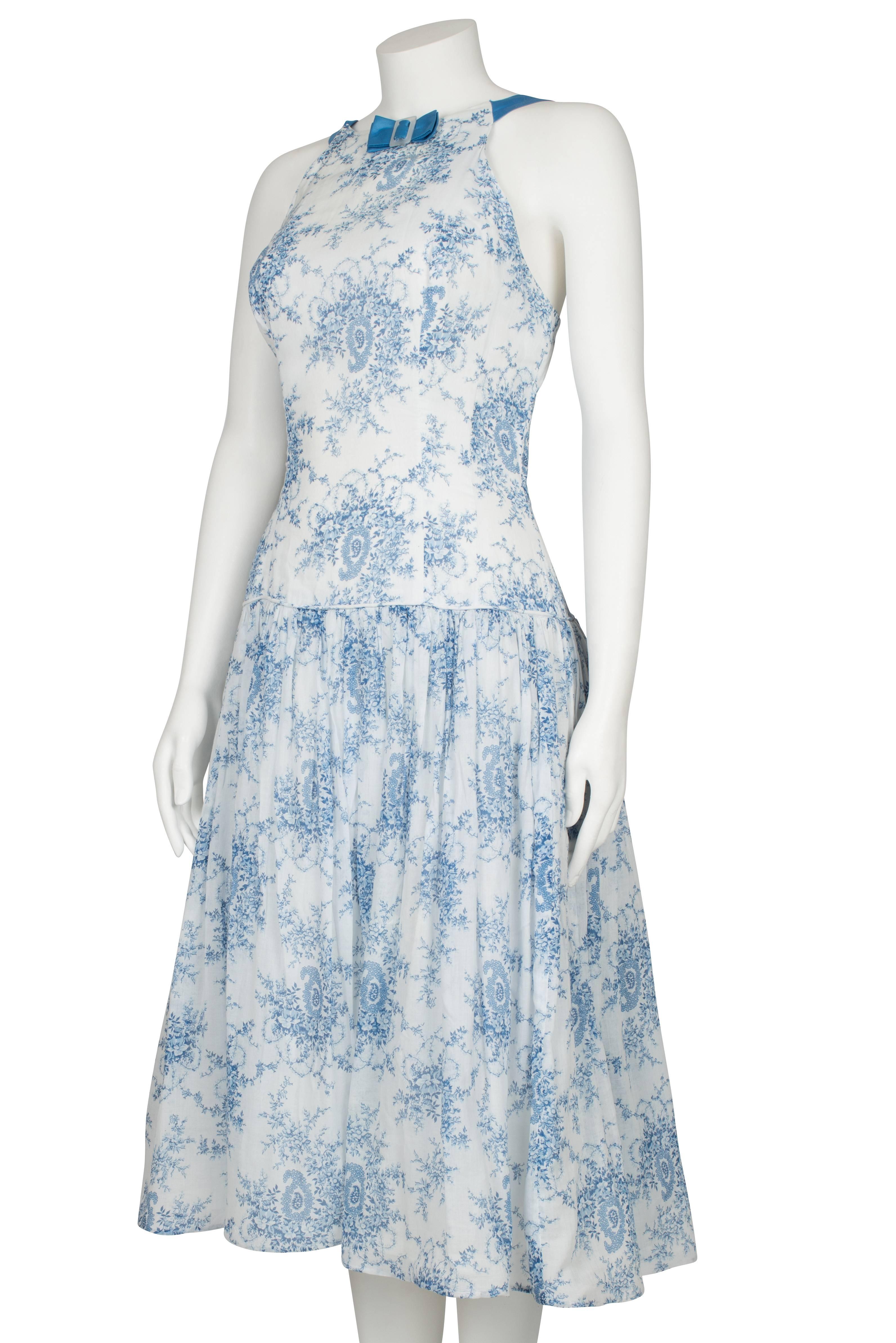 Late 1940's Dutch Blue And White Cotton Drop Waist Summer Dress For Sale 1