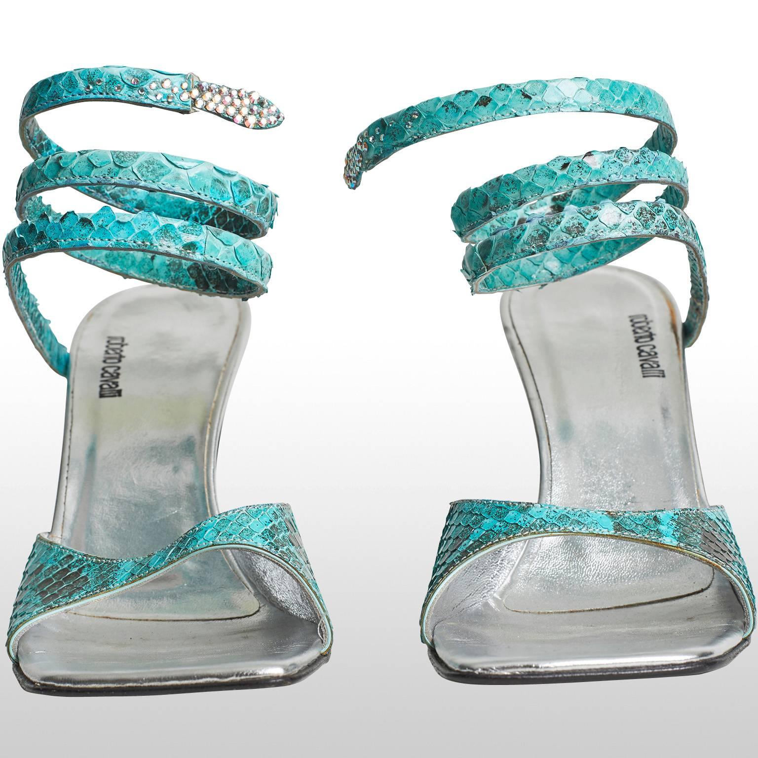 Blue Roberto Cavalli Turquoise Snakeskin Silver Sandals Shoes For Sale