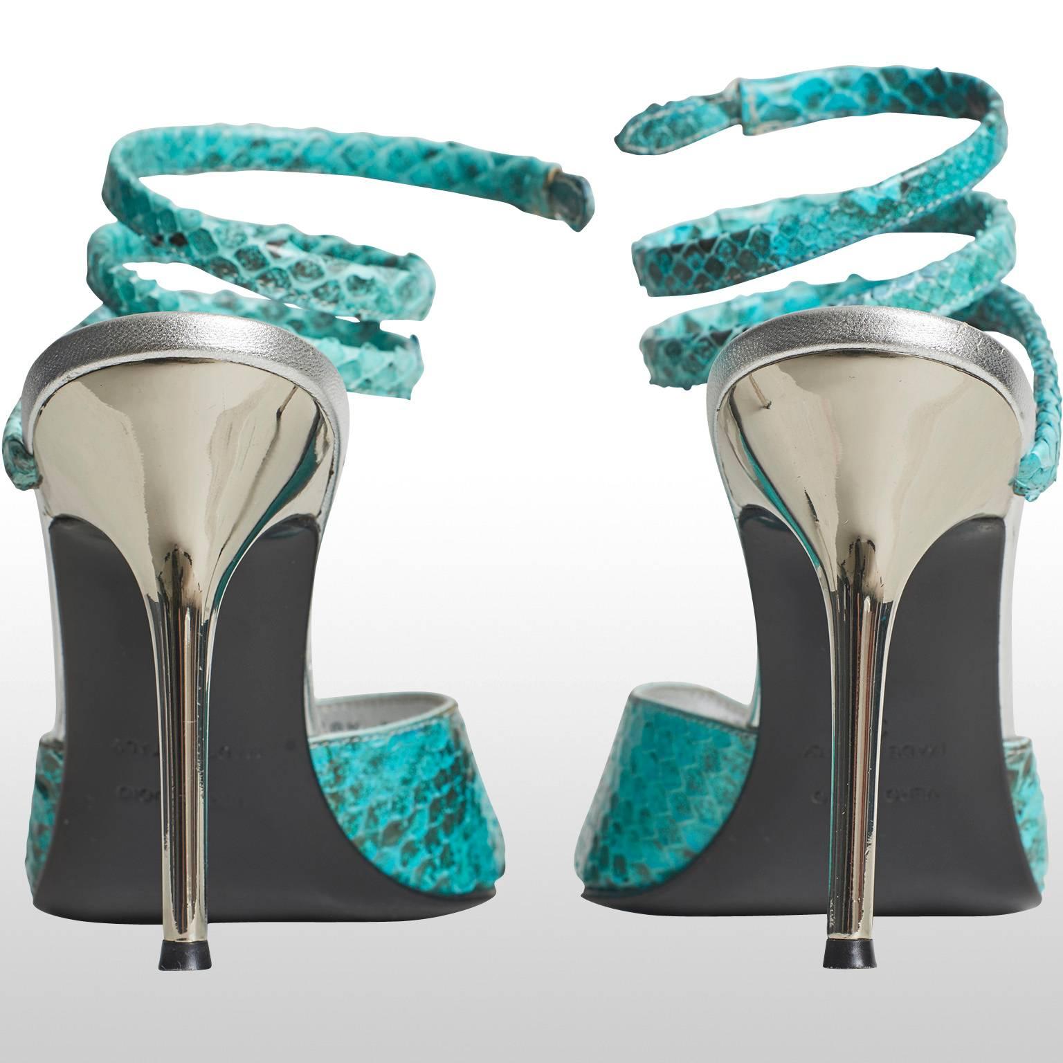 Women's Roberto Cavalli Turquoise Snakeskin Silver Sandals Shoes For Sale