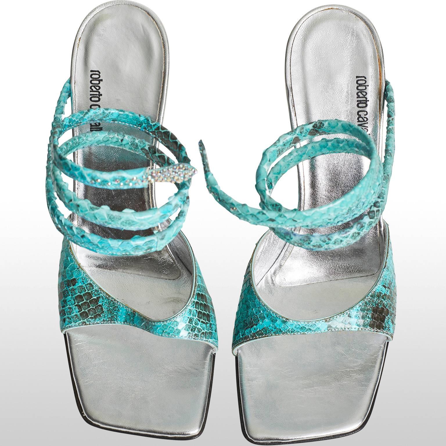 Roberto Cavalli Turquoise Snakeskin Silver Sandals Shoes In Good Condition For Sale In London, GB
