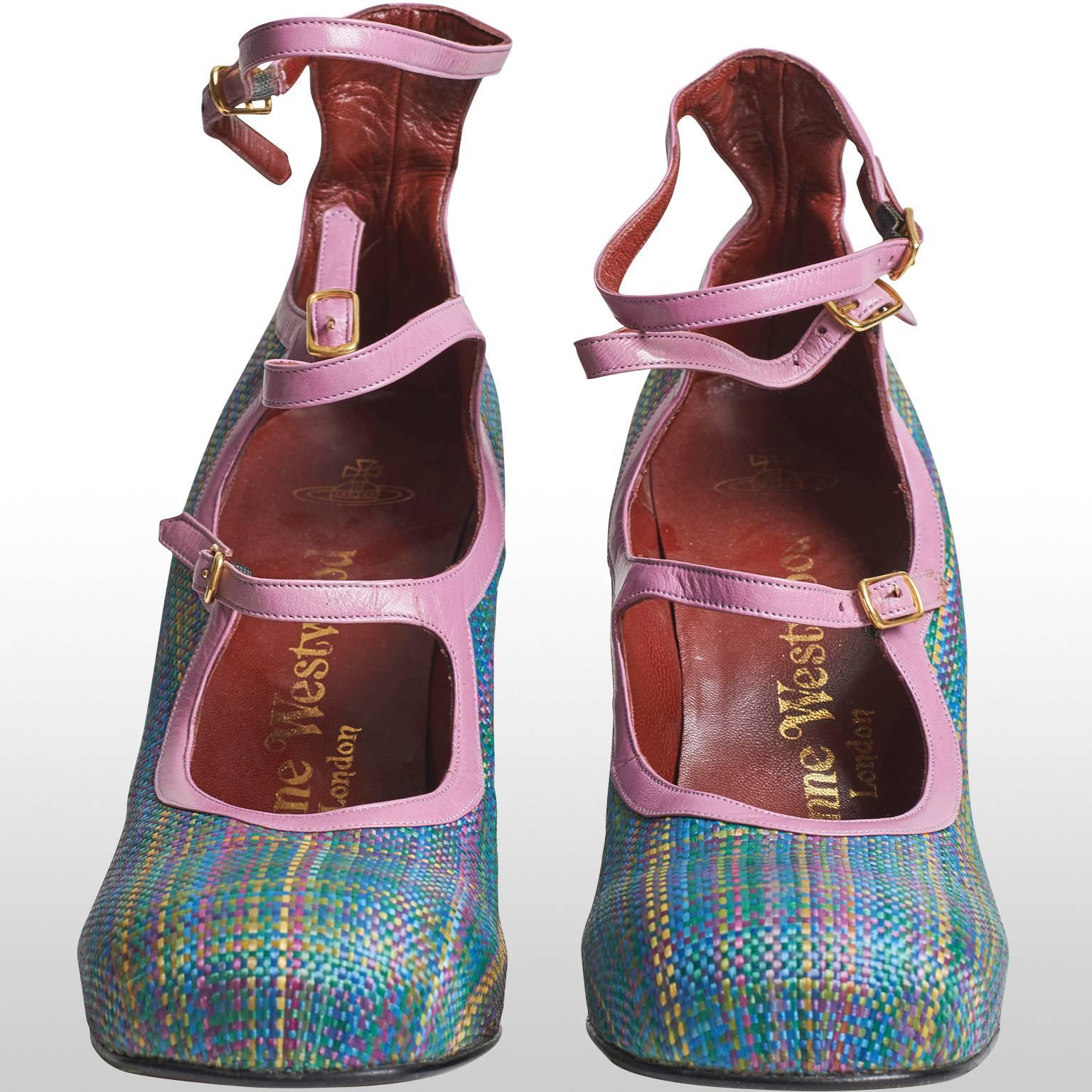 Gray Vivienne Westwood Gold Label Blue Pink Plaid Mary Jane Round Toe Heel Shoes For Sale