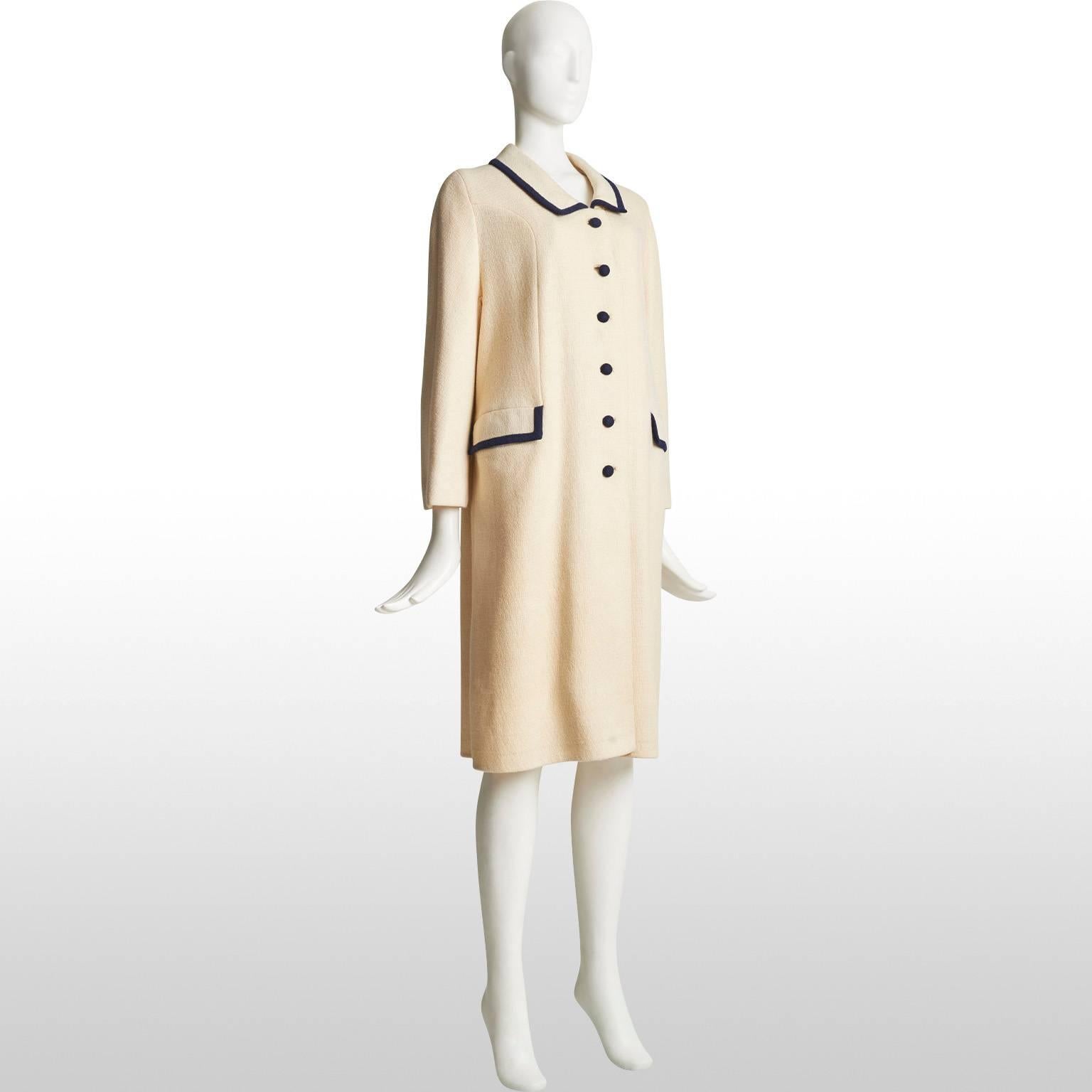 Women's 1960's Ivory Wool Coast with Navy Trim For Sale