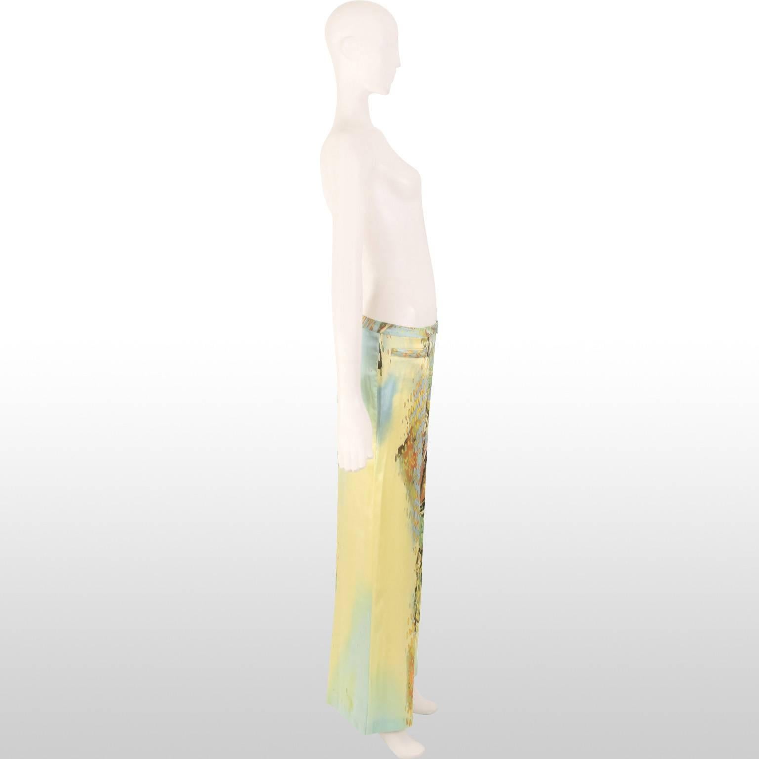 Beige Roberto Cavalli Yellow Print Silk Trousers