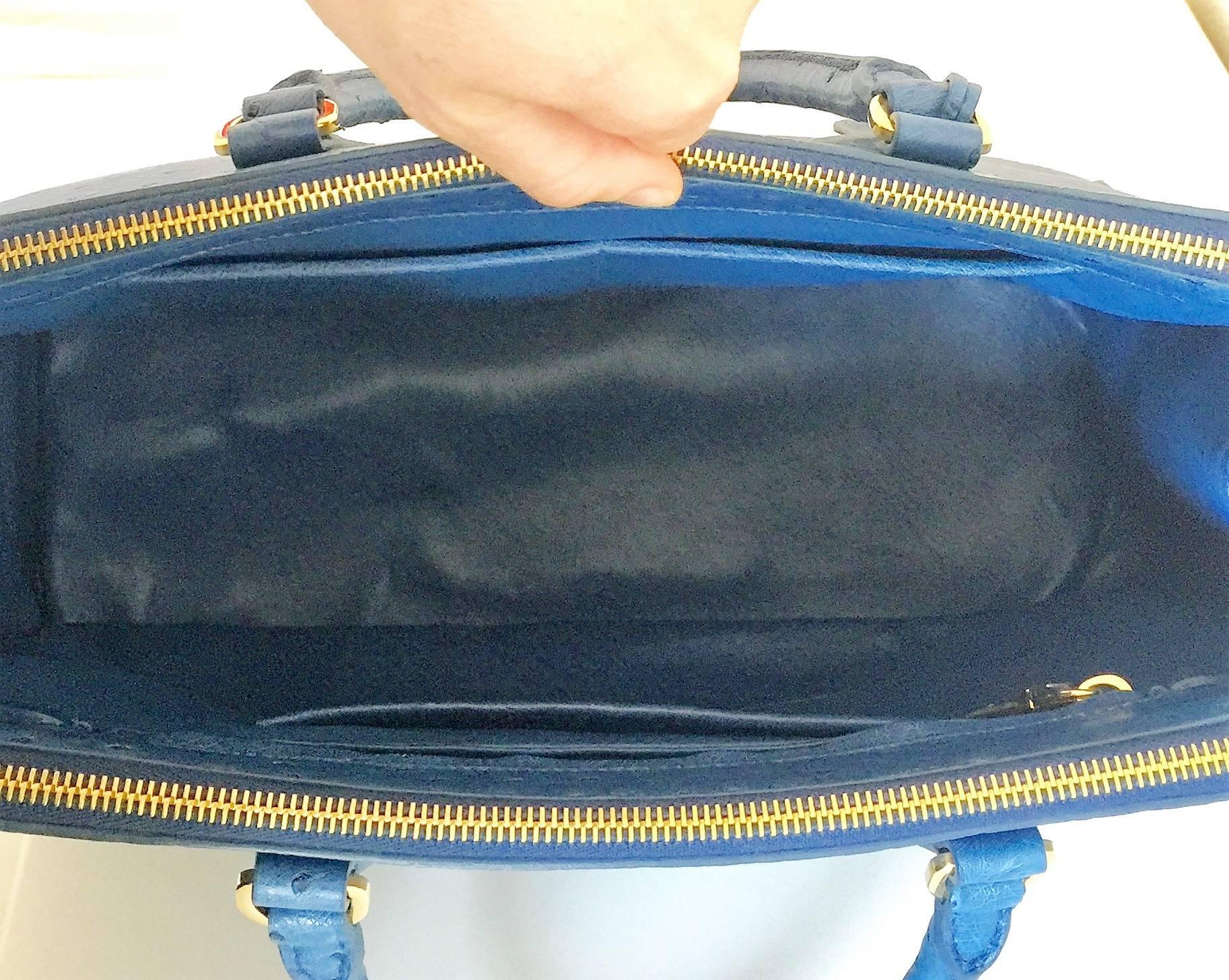 Prada Cobalt Blue Ostrich Leather 'Galleria' Crossbody Tote Bag For Sale 2