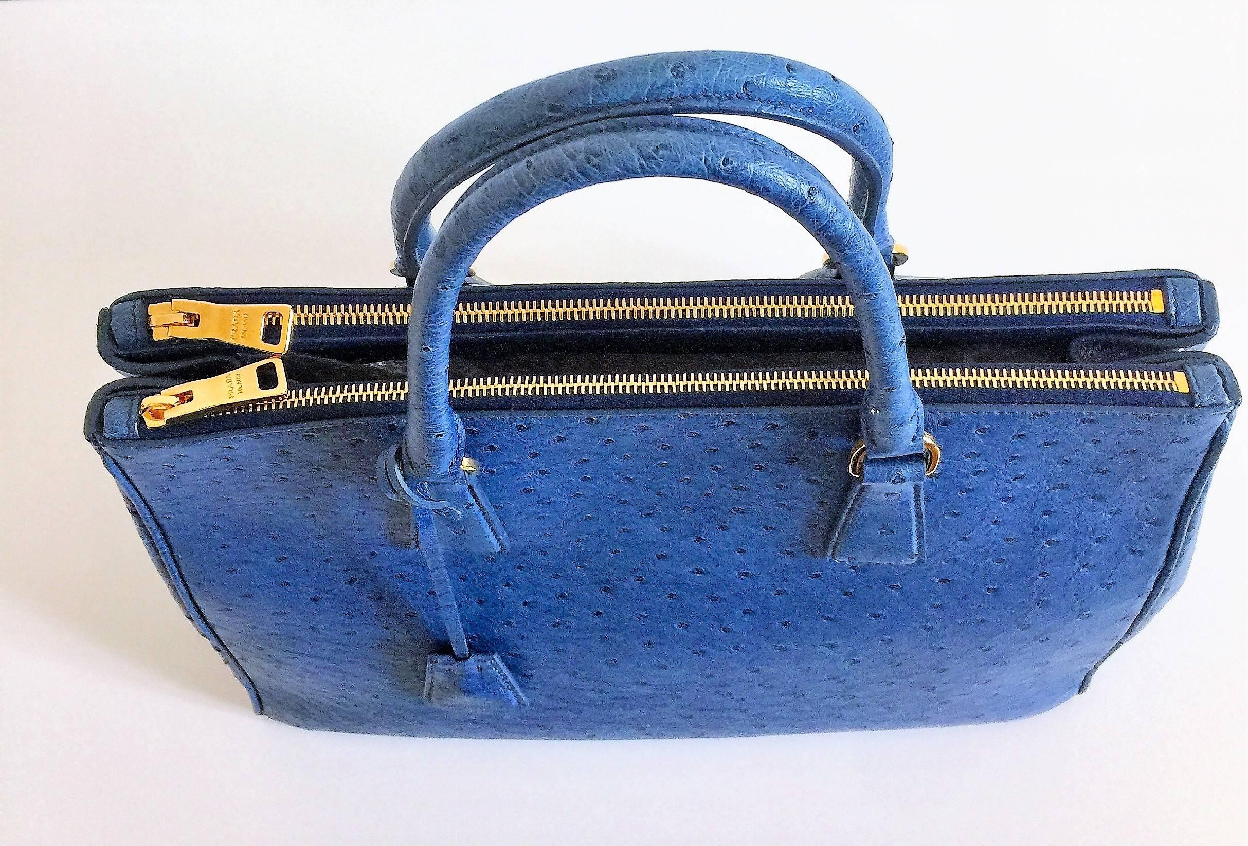Women's Prada Cobalt Blue Ostrich Leather 'Galleria' Crossbody Tote Bag For Sale