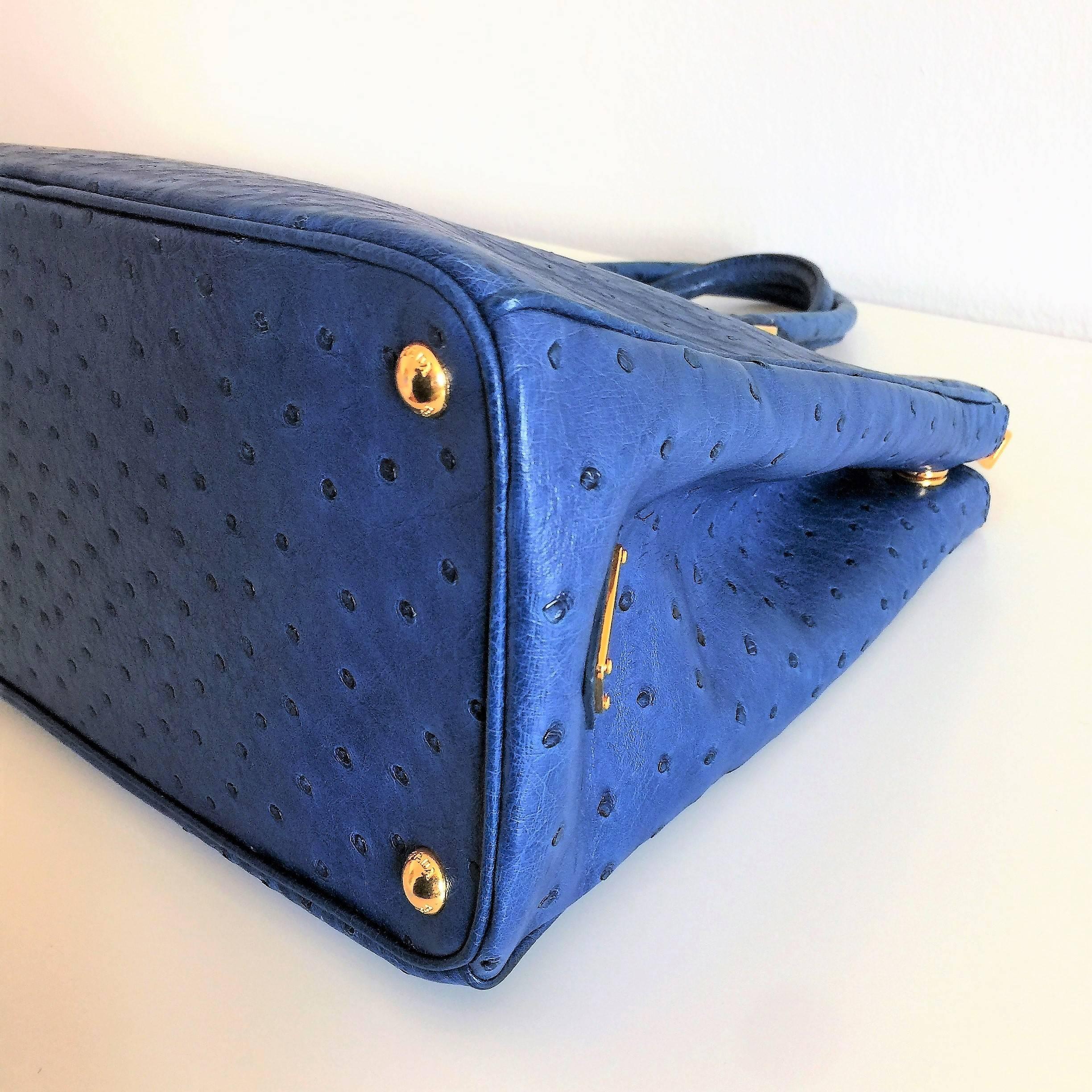 Prada Cobalt Blue Ostrich Leather 'Galleria' Crossbody Tote Bag For Sale 1