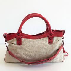 Balenciaga First Shoulder Bag in Jute and Red Leather inserts