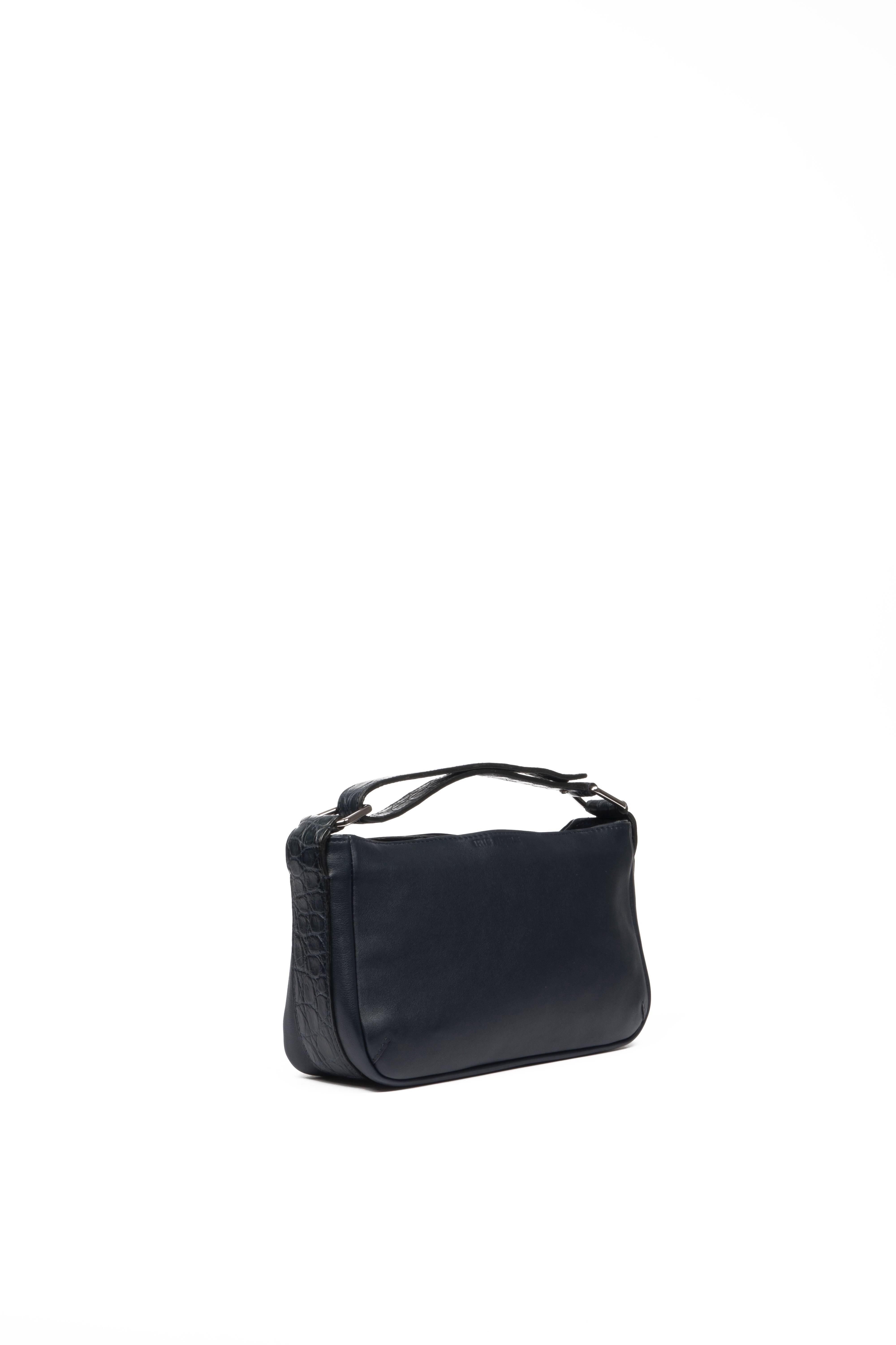 Black Lynn Baguette Bleu Acier Calfskin and Bleu Nuit Crocodile Leather Handbag For Sale