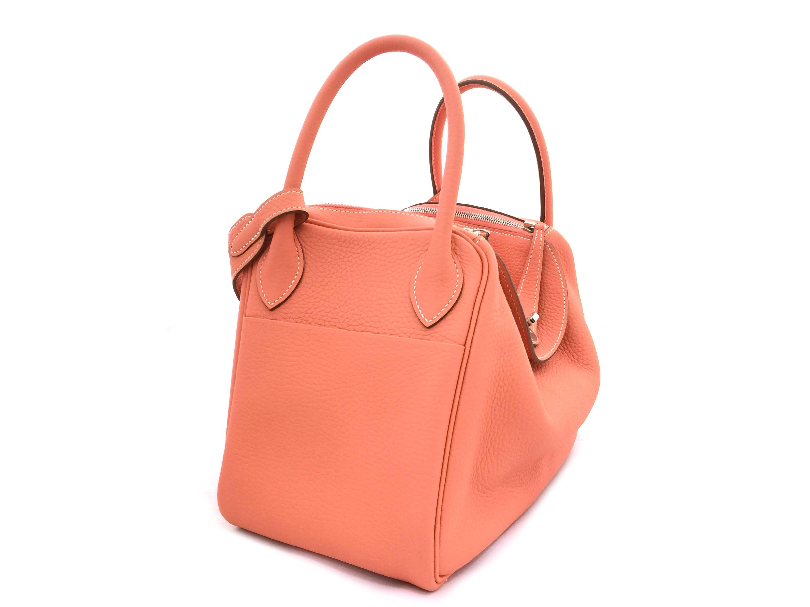 Orange Hermes Lindy 30 Flamingo Clemence Leather SHW Shoulder Bag