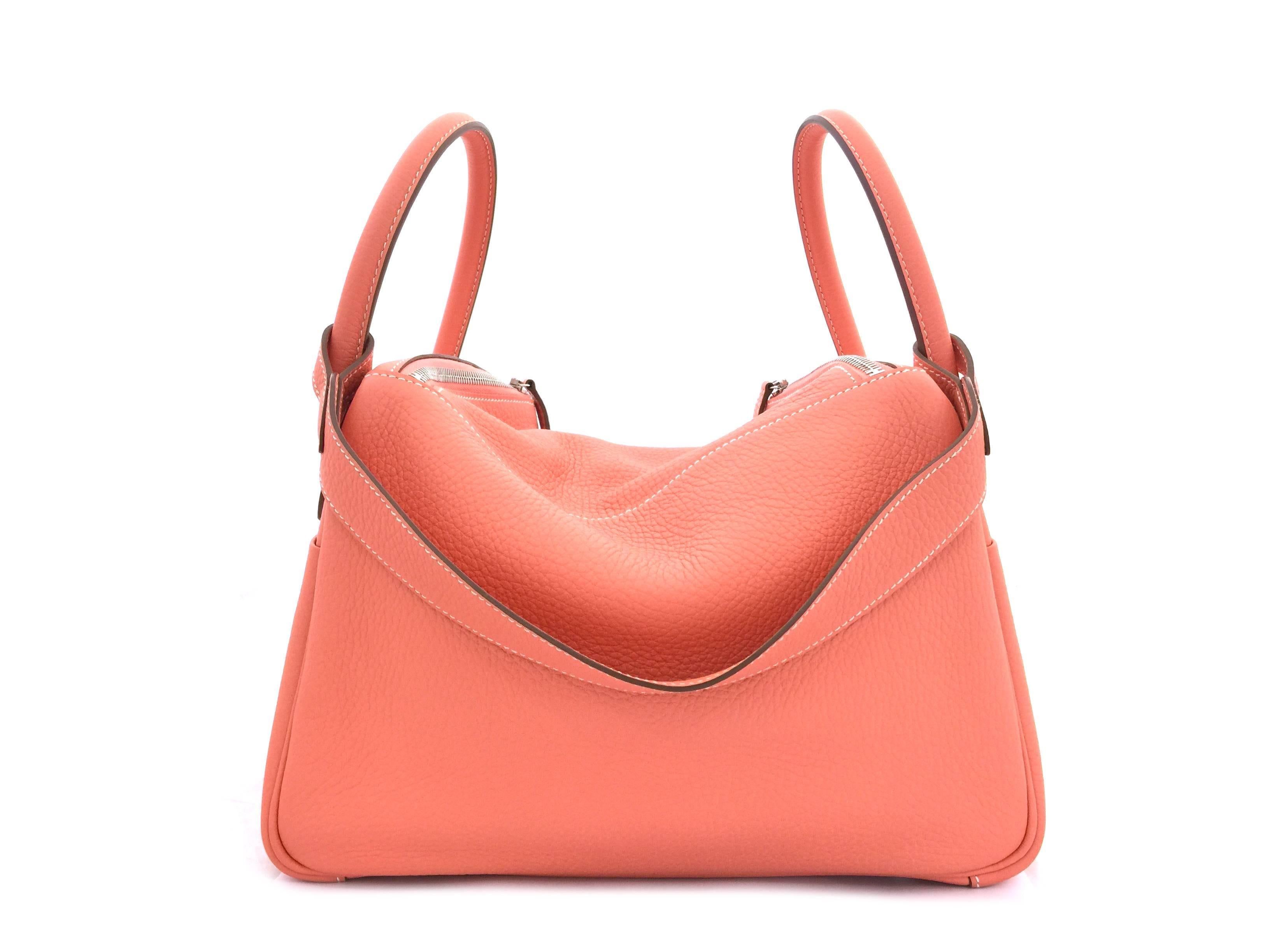 Hermes Lindy 30 Flamingo Clemence Leather SHW Shoulder Bag In Excellent Condition In Kowloon, HK