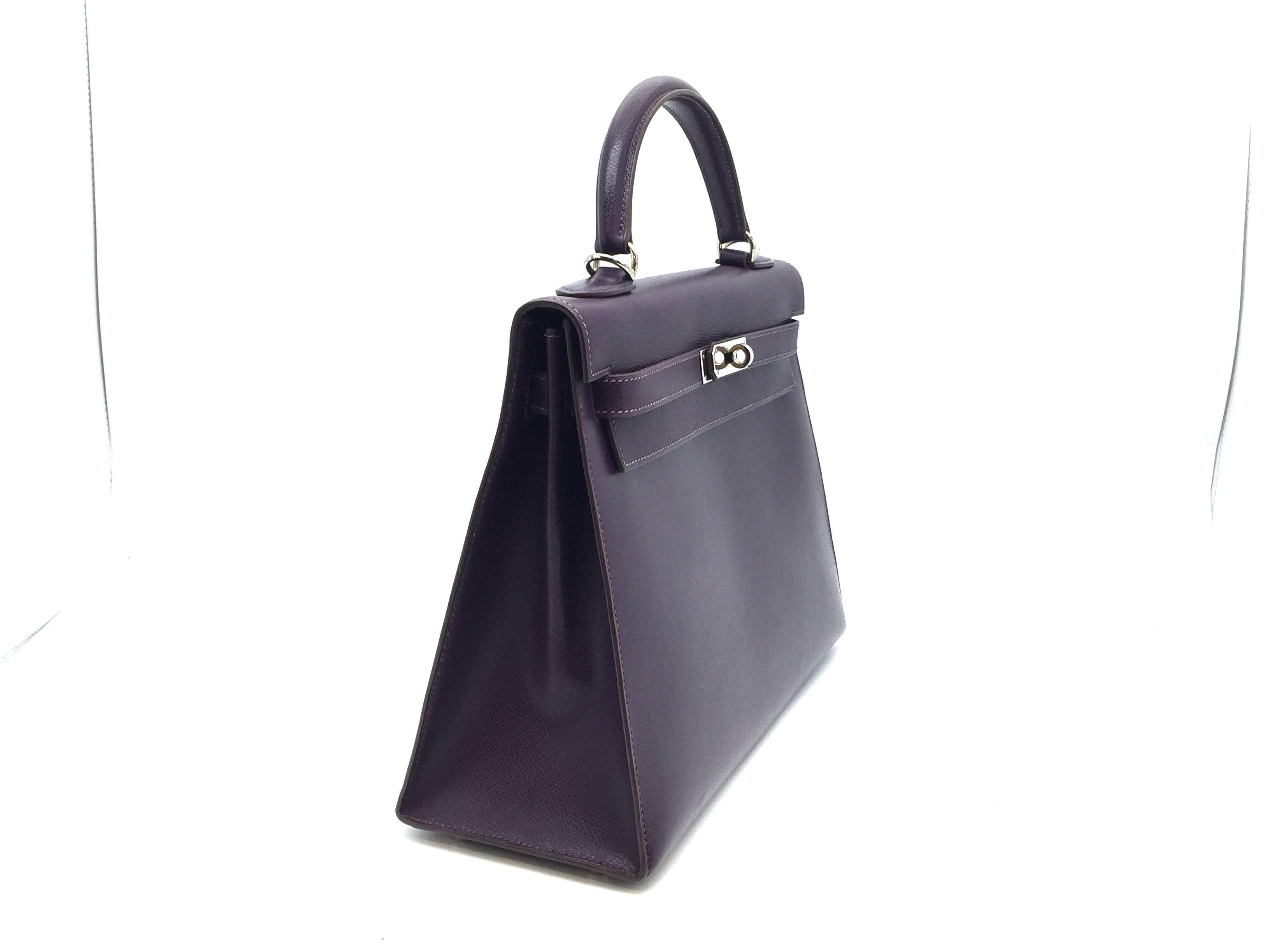 Black Hermes Kelly 32 Raisin Courchevel Leather SHW Top Handle Bag For Sale
