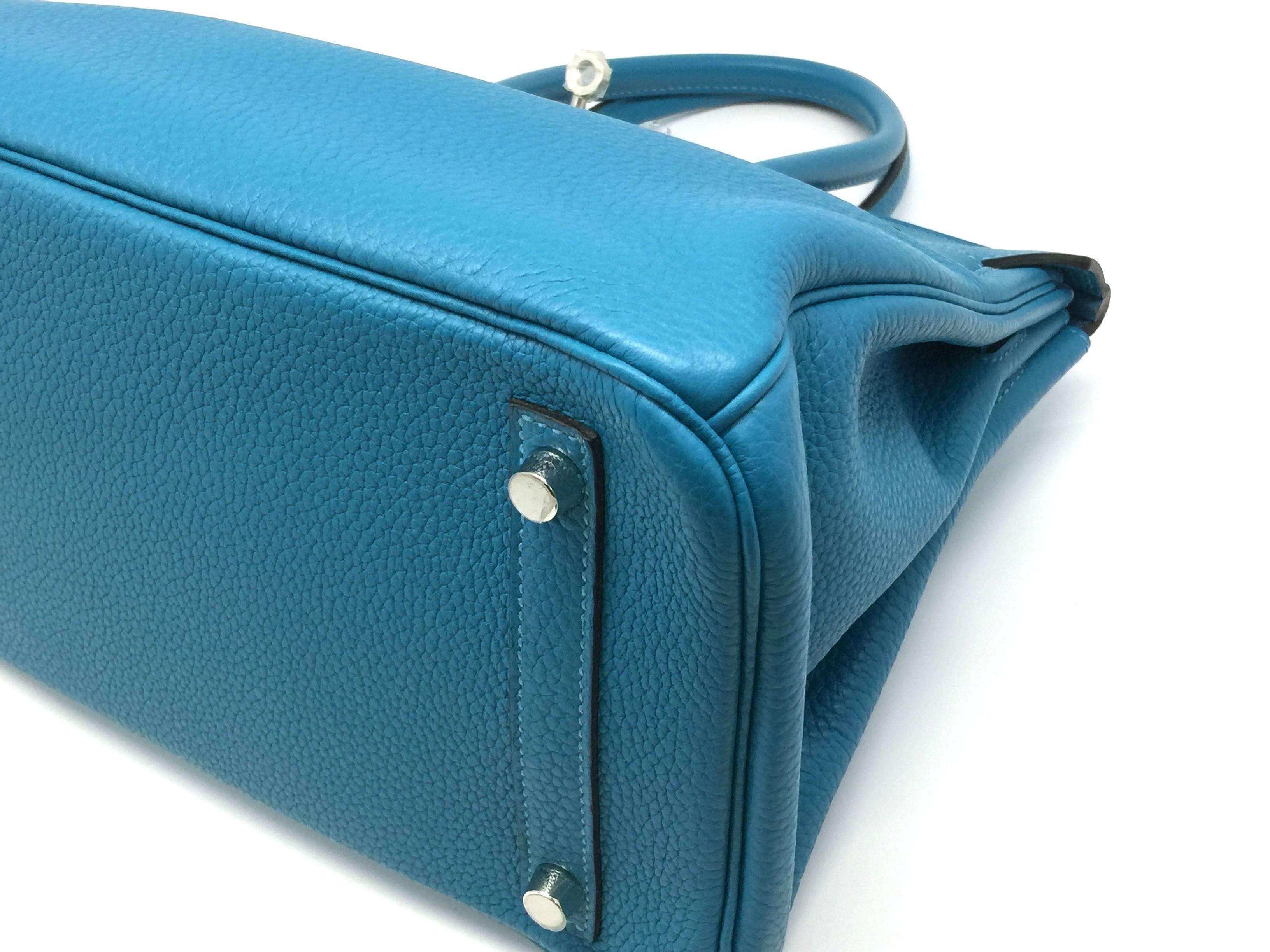 Hermes Birkin 30 Turquoise Blue Clemence Leather SHW Top Handle Bag For Sale 4