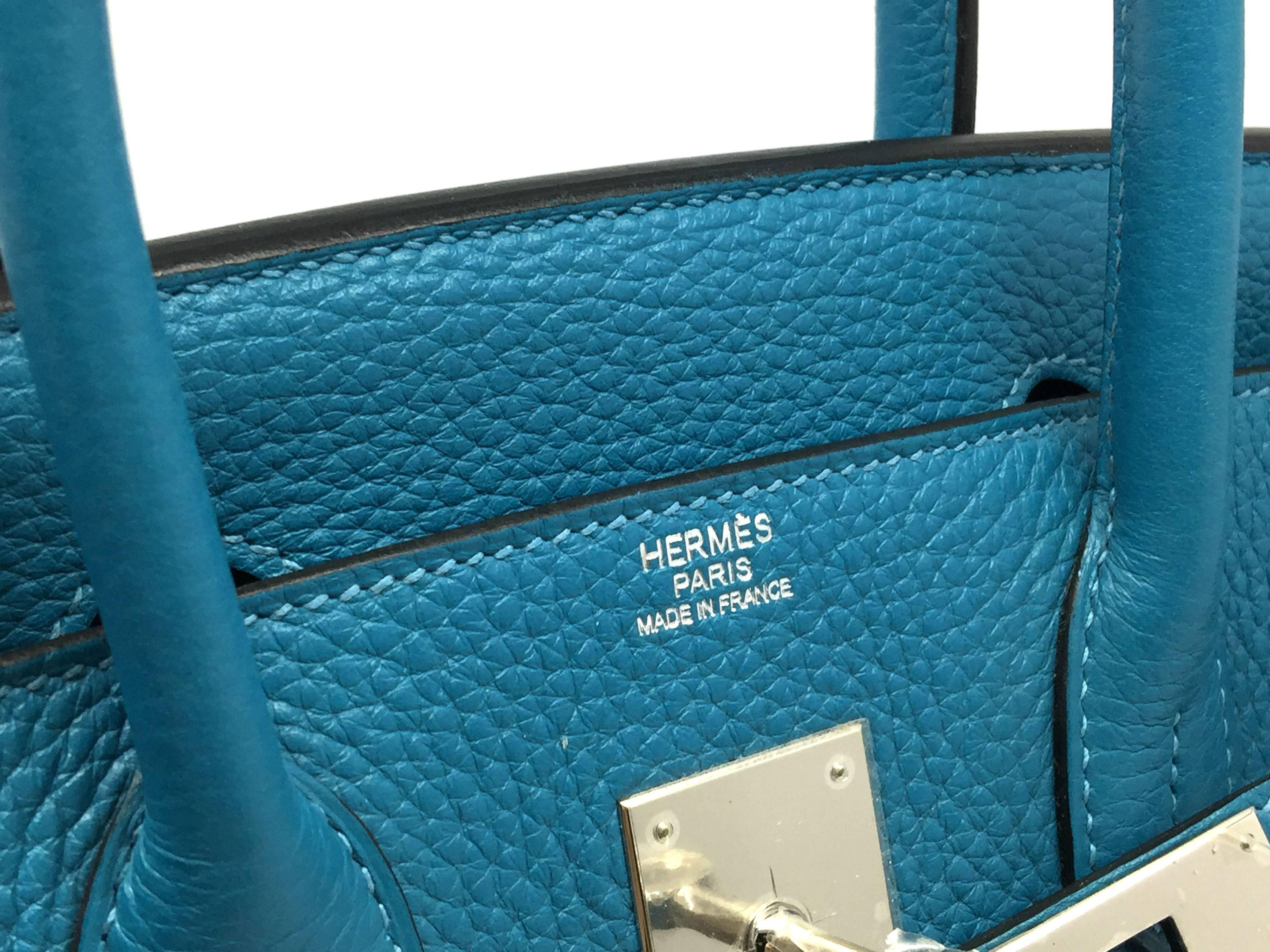 Hermes Birkin 30 Turquoise Blue Clemence Leather SHW Top Handle Bag For Sale 1