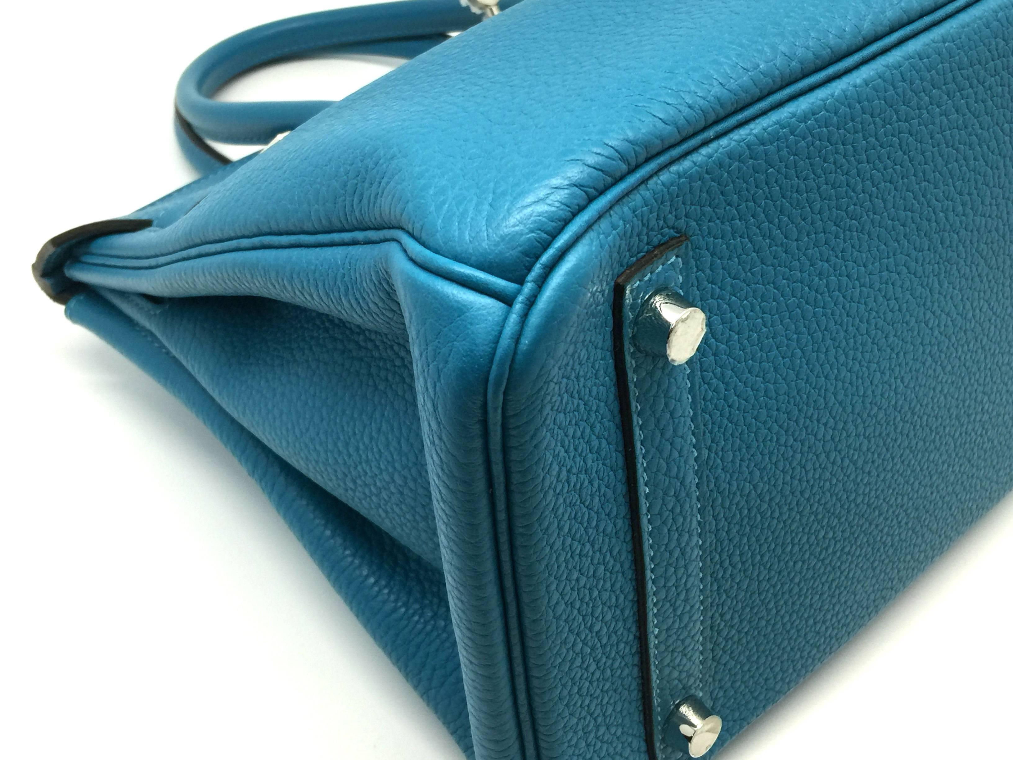 Hermes Birkin 30 Turquoise Blue Clemence Leather SHW Top Handle Bag For Sale 3