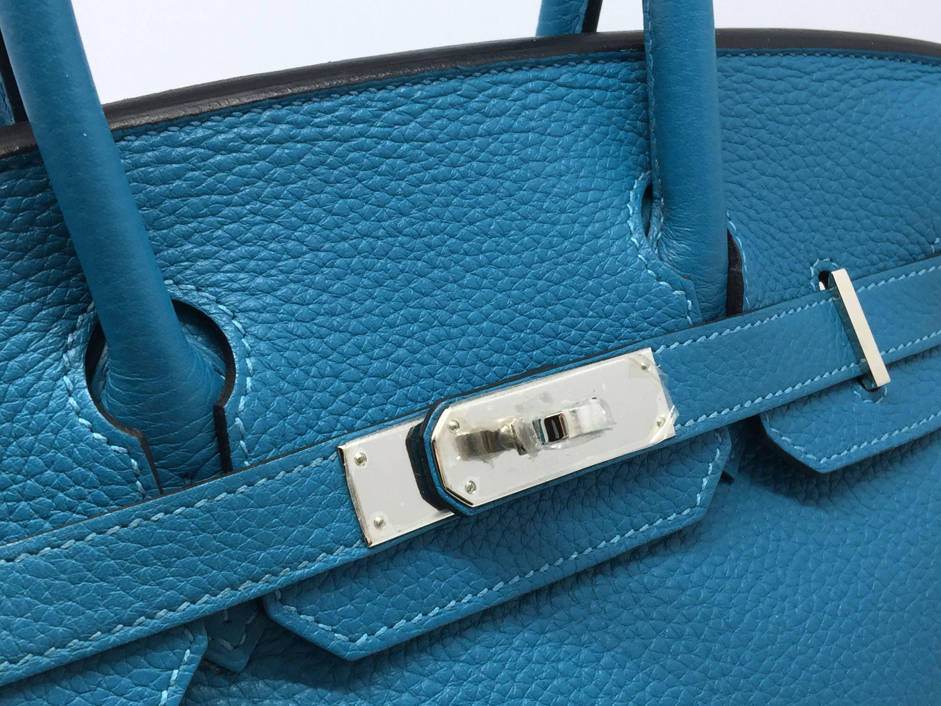 Women's or Men's Hermes Birkin 30 Turquoise Blue Clemence Leather SHW Top Handle Bag For Sale