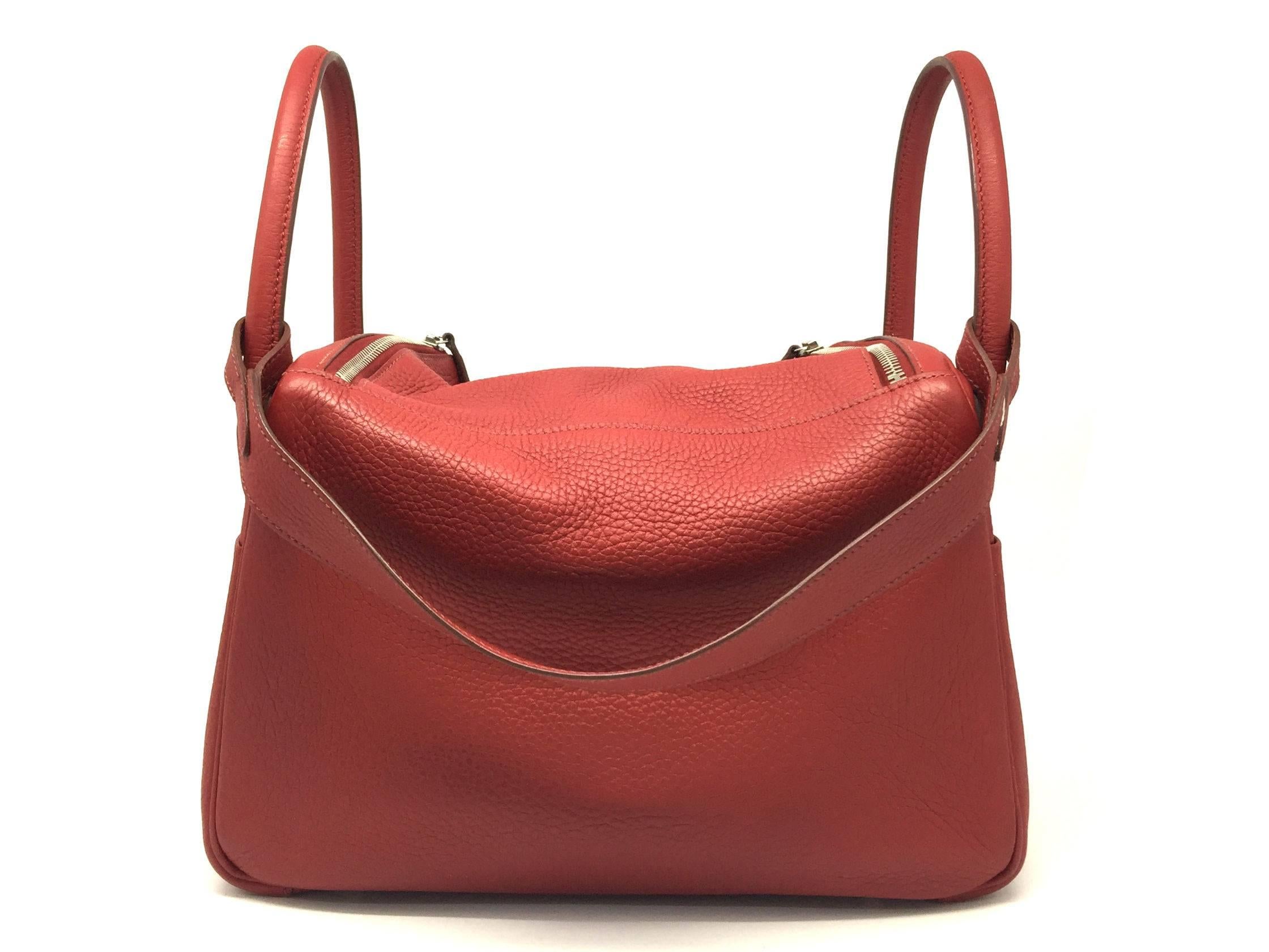 Brown Hermes Lindy 30 Red Rouge H Clemence Leather Shoulder Bag