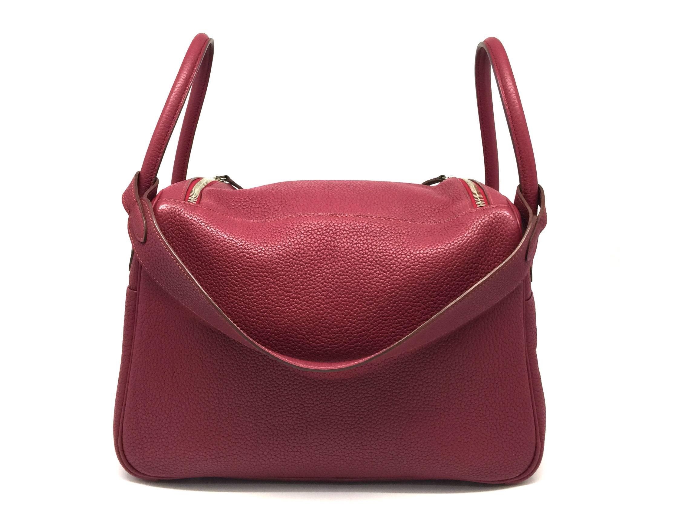 Brown Hermes Lindy 30 Red Rubis Clemence Leather SHW Shoulder Bag 