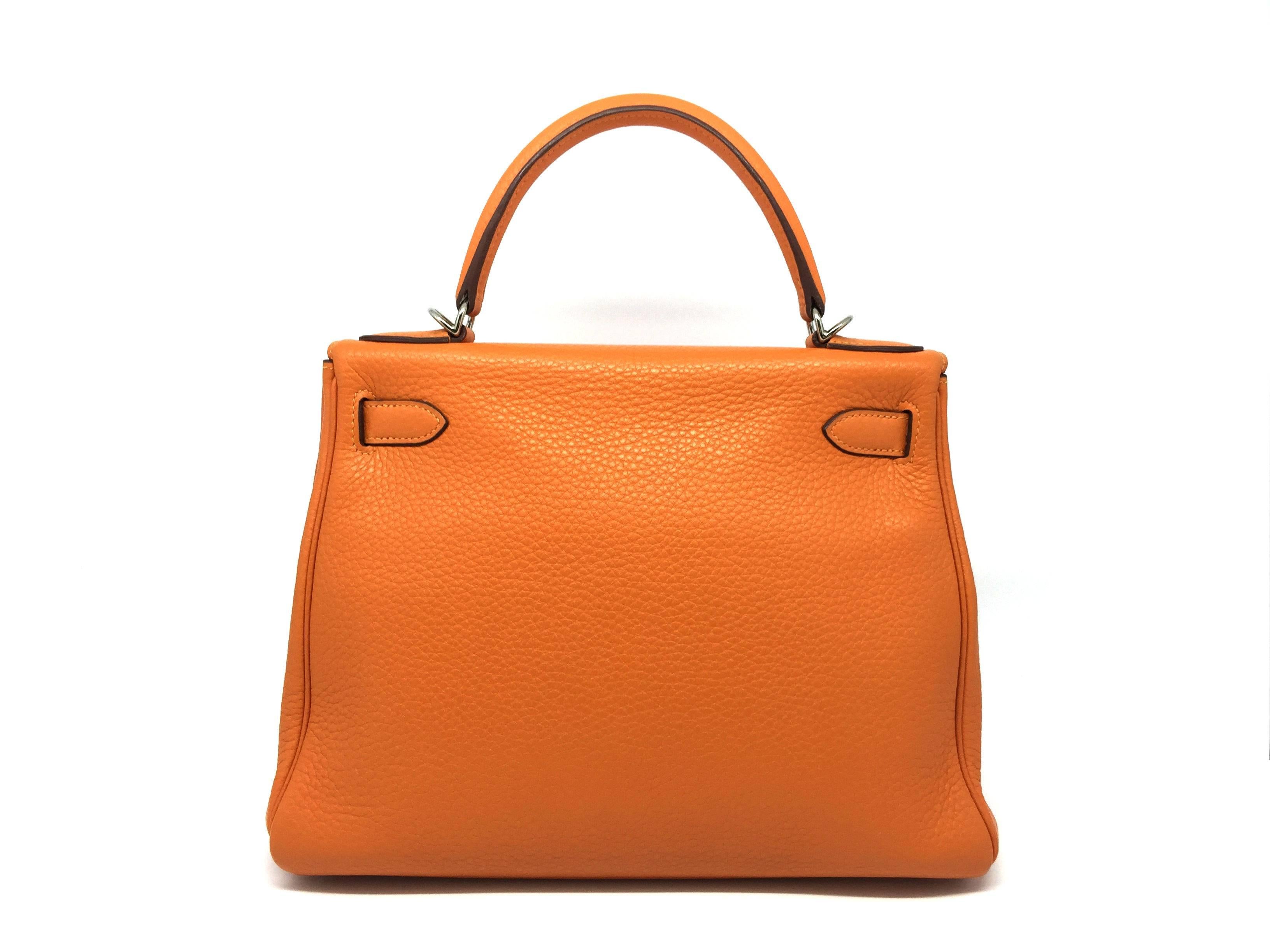 Women's Hermes Kelly 32 Orange Iris Clemence Leather SHW Top Handle Bag For Sale