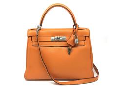 Hermes Kelly 32 Orange Iris Clemence Leather SHW Top Handle Bag