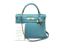 Hermes Kelly 32 Blue Saint Cyr Taurillon Clemence Leather GHW Top Handle Bag