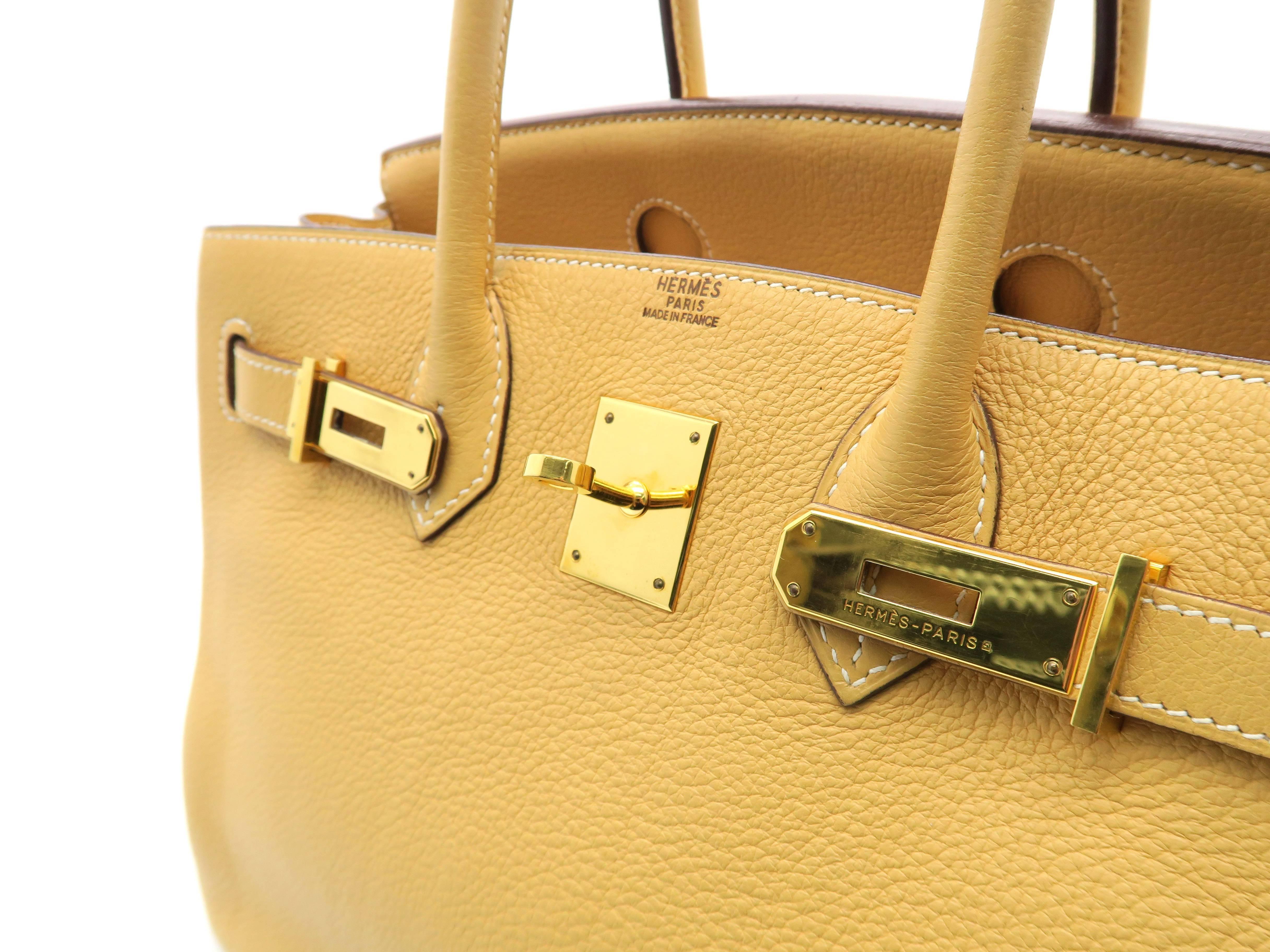 Hermes Birkin 30 Natural Sable Yellow Clemence Leather GHW Top Handle Bag In Good Condition In Kowloon, HK