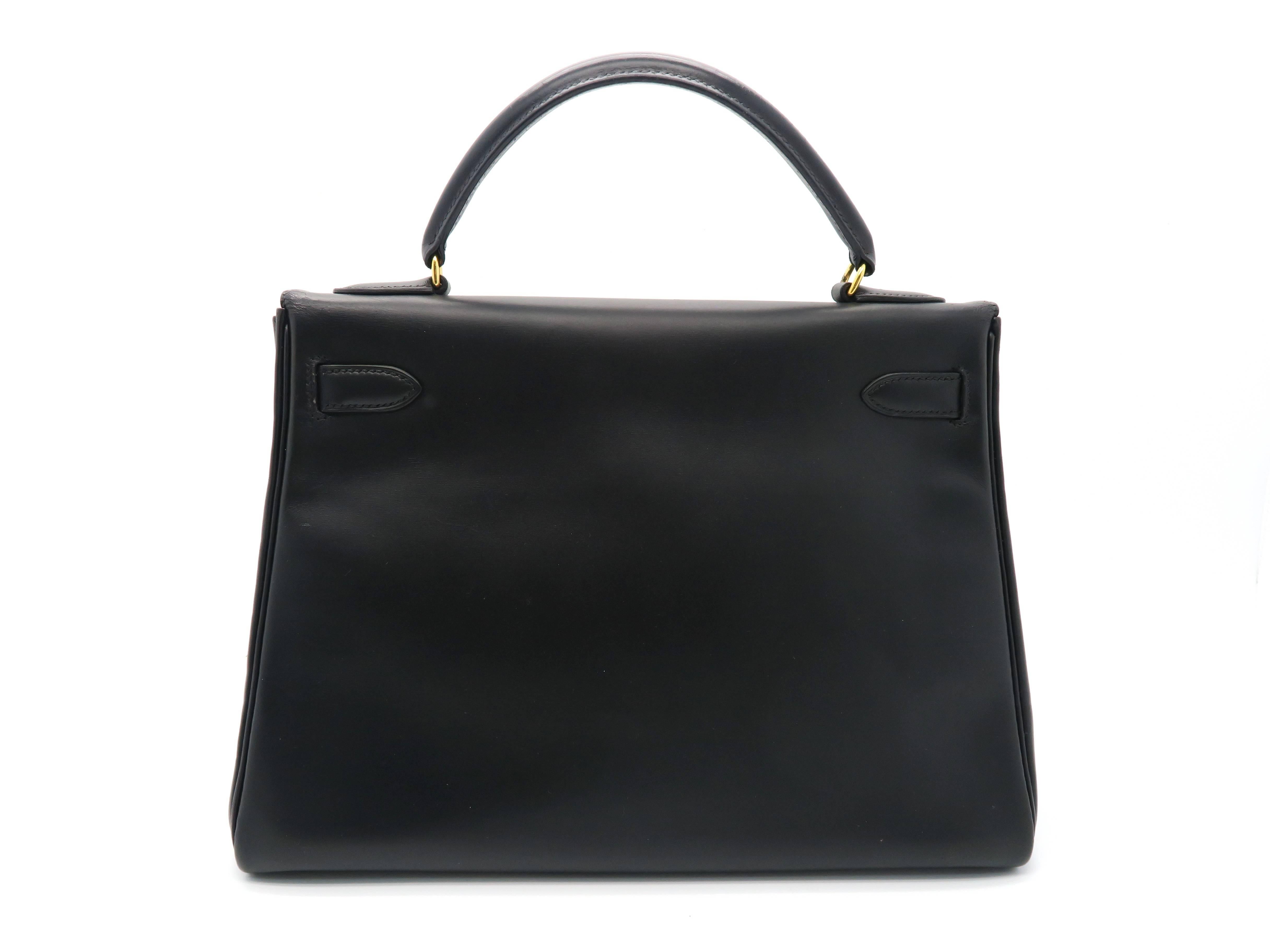 Black Hermes Kelly 32 Noir Box Calf Leather GHW Top Handle Bag