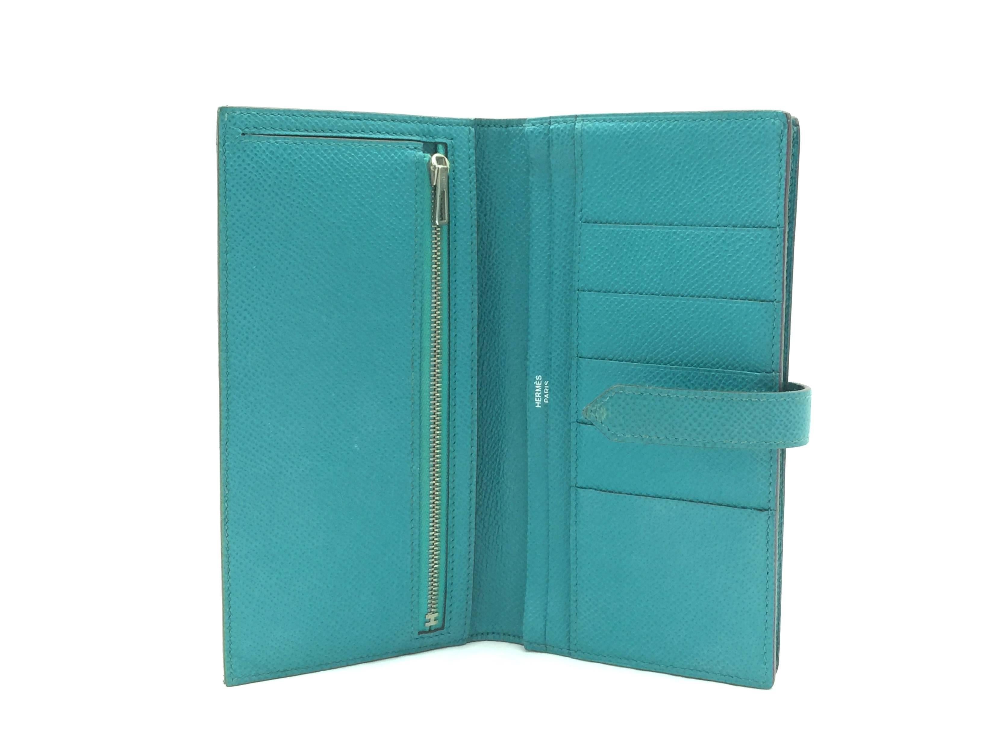 Hermes Bearn Blue Paon Epsom Leather SHW Long Wallet For Sale 1