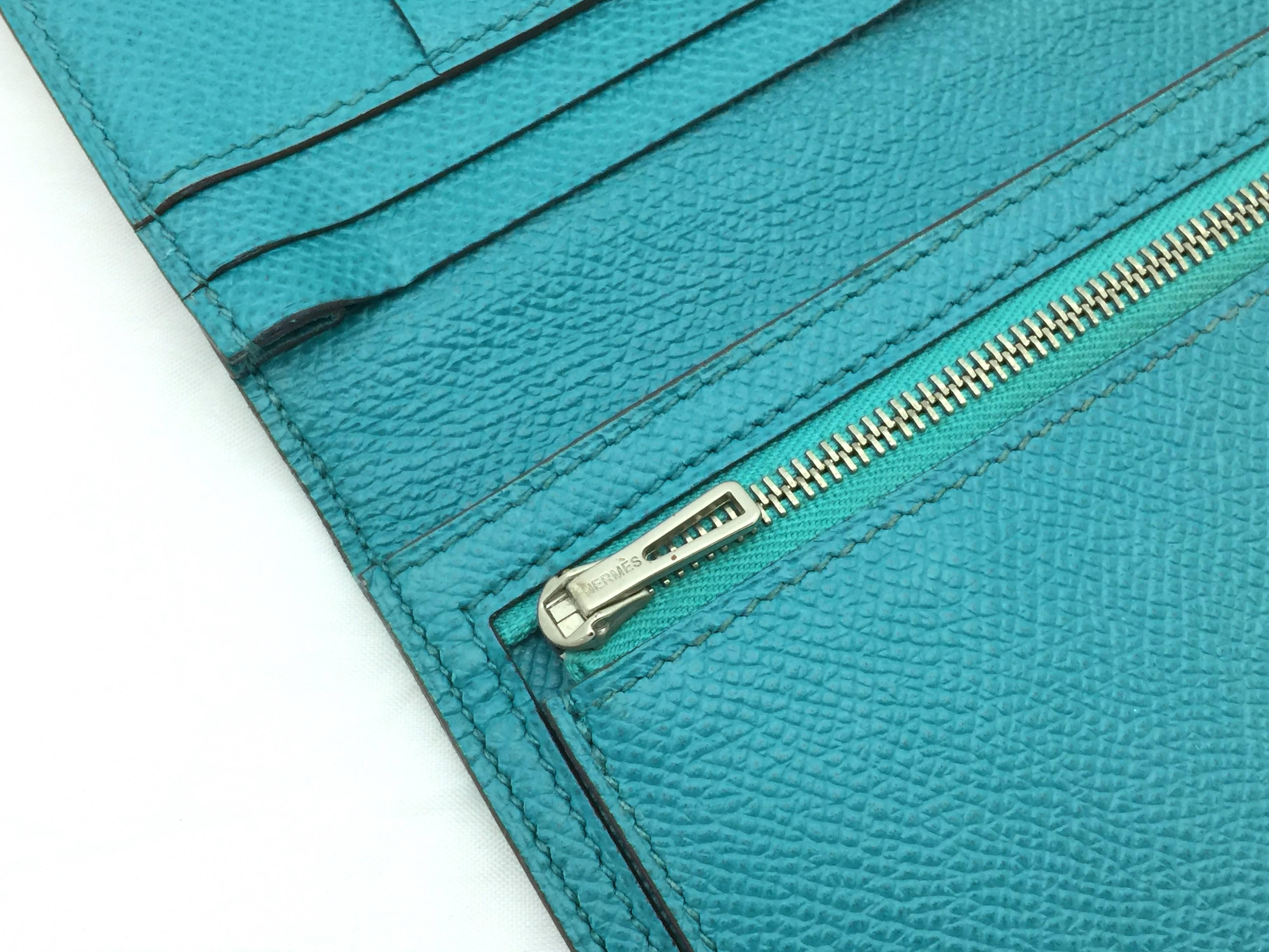 Hermes Bearn Blue Paon Epsom Leather SHW Long Wallet For Sale 3