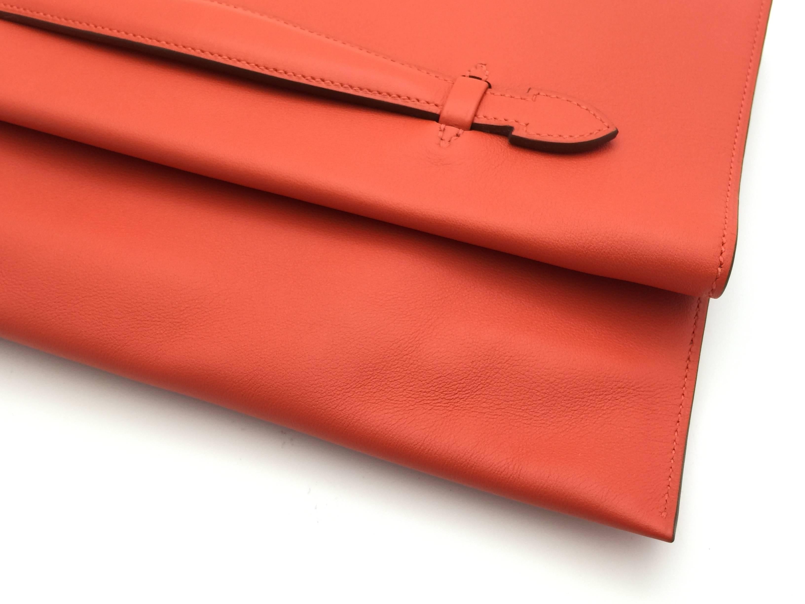 Hermes Pliplat Rouge Pivoine Orange Swift Leather Clutch Bag For Sale 4