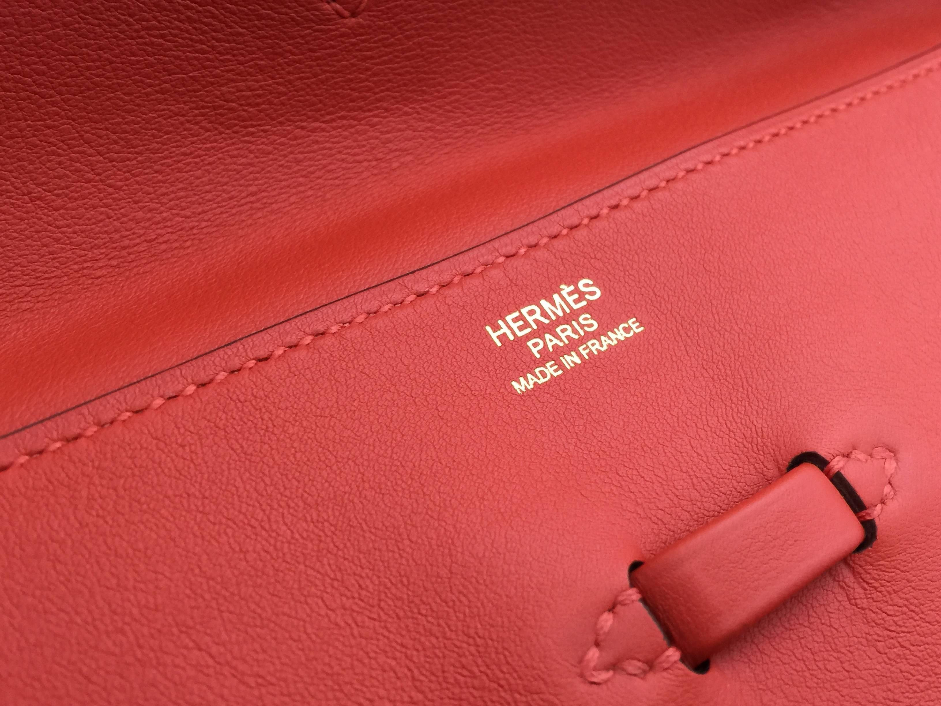 Hermes Pliplat Rouge Pivoine Orange Swift Leather Clutch Bag For Sale 2