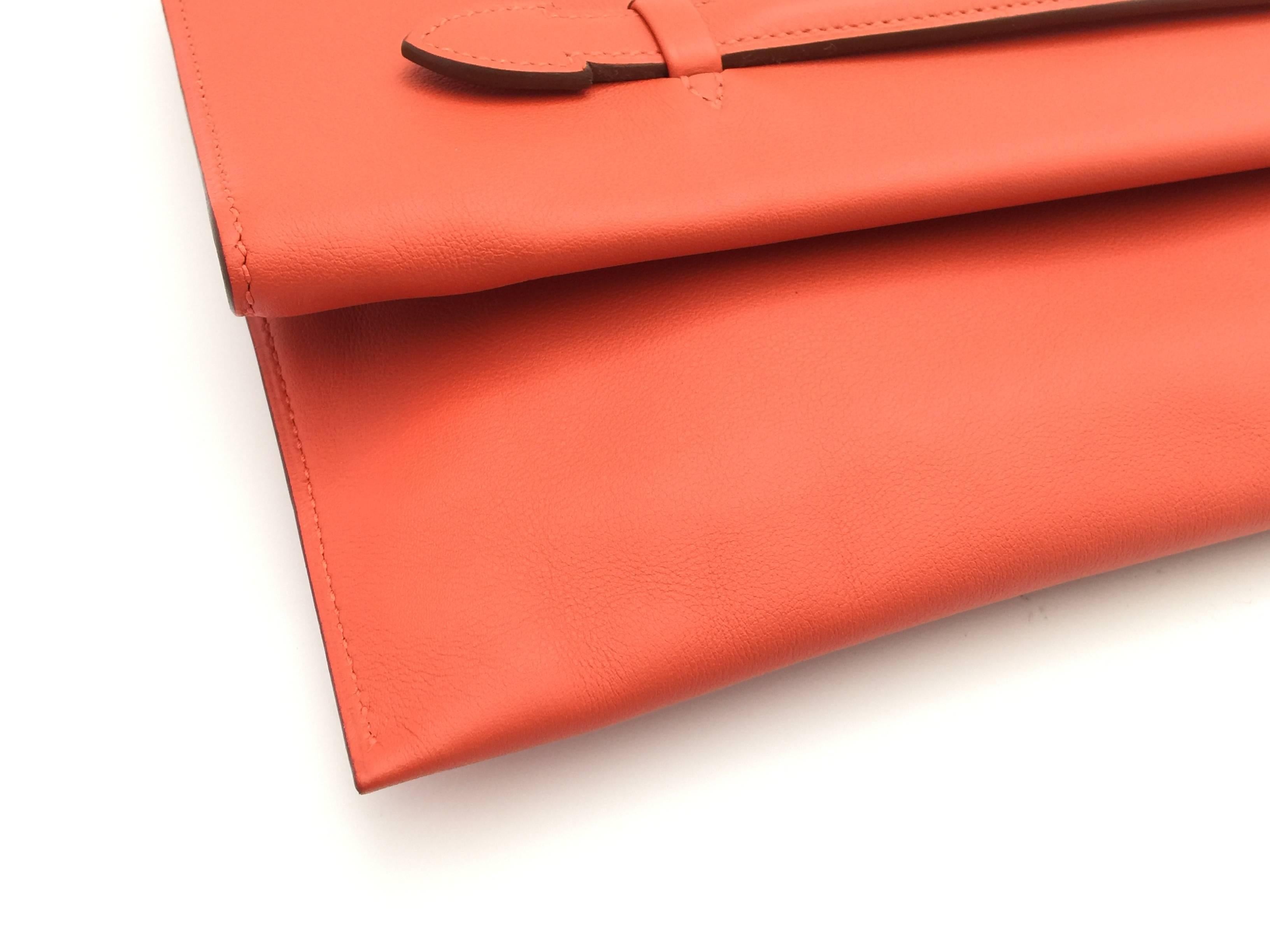 Hermes Pliplat Rouge Pivoine Orange Swift Leather Clutch Bag For Sale 5