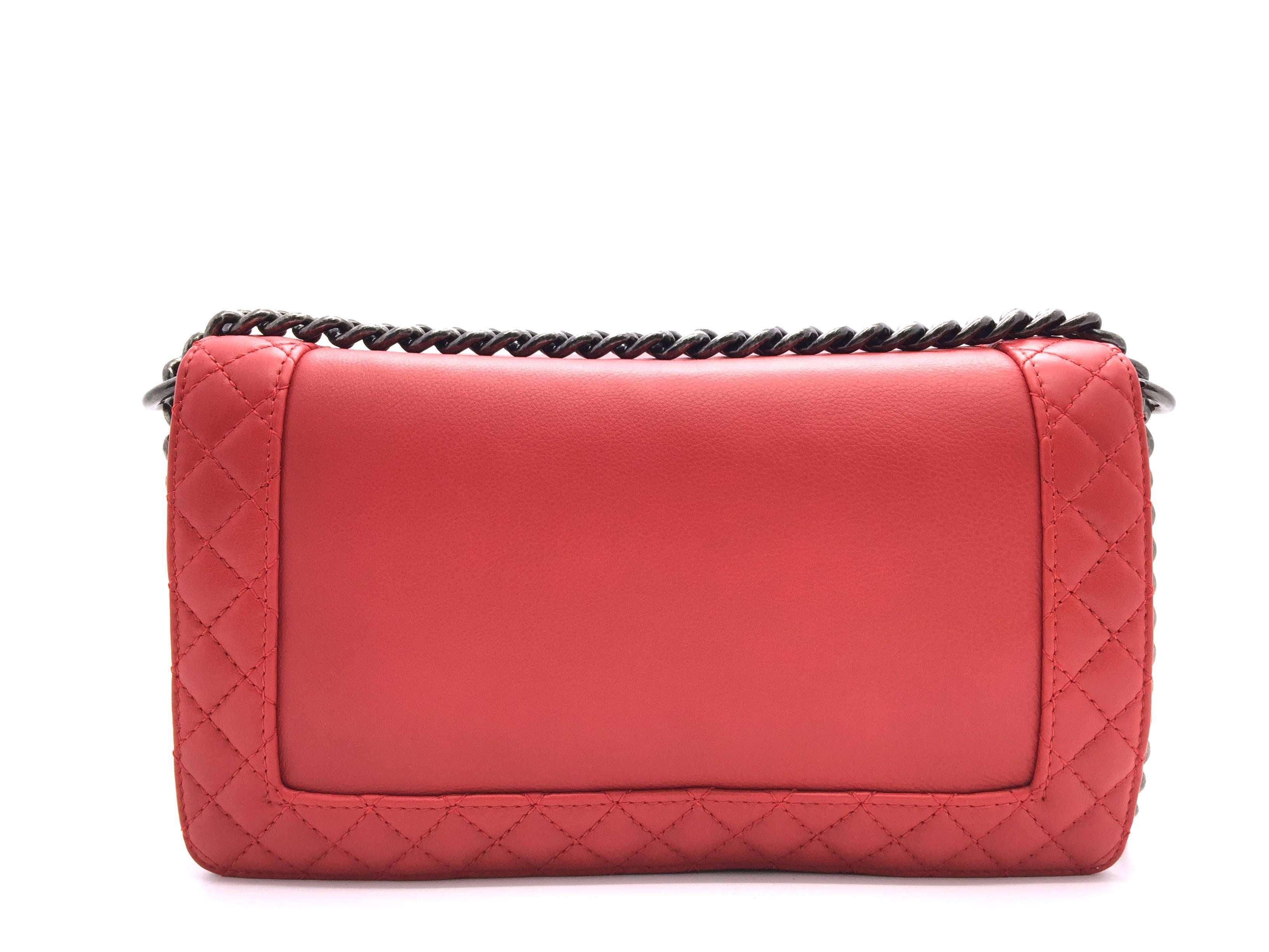 Women's Chanel Boy Reverso Red Quilted Lambskin Leather SHW Chain Shoulder Bag