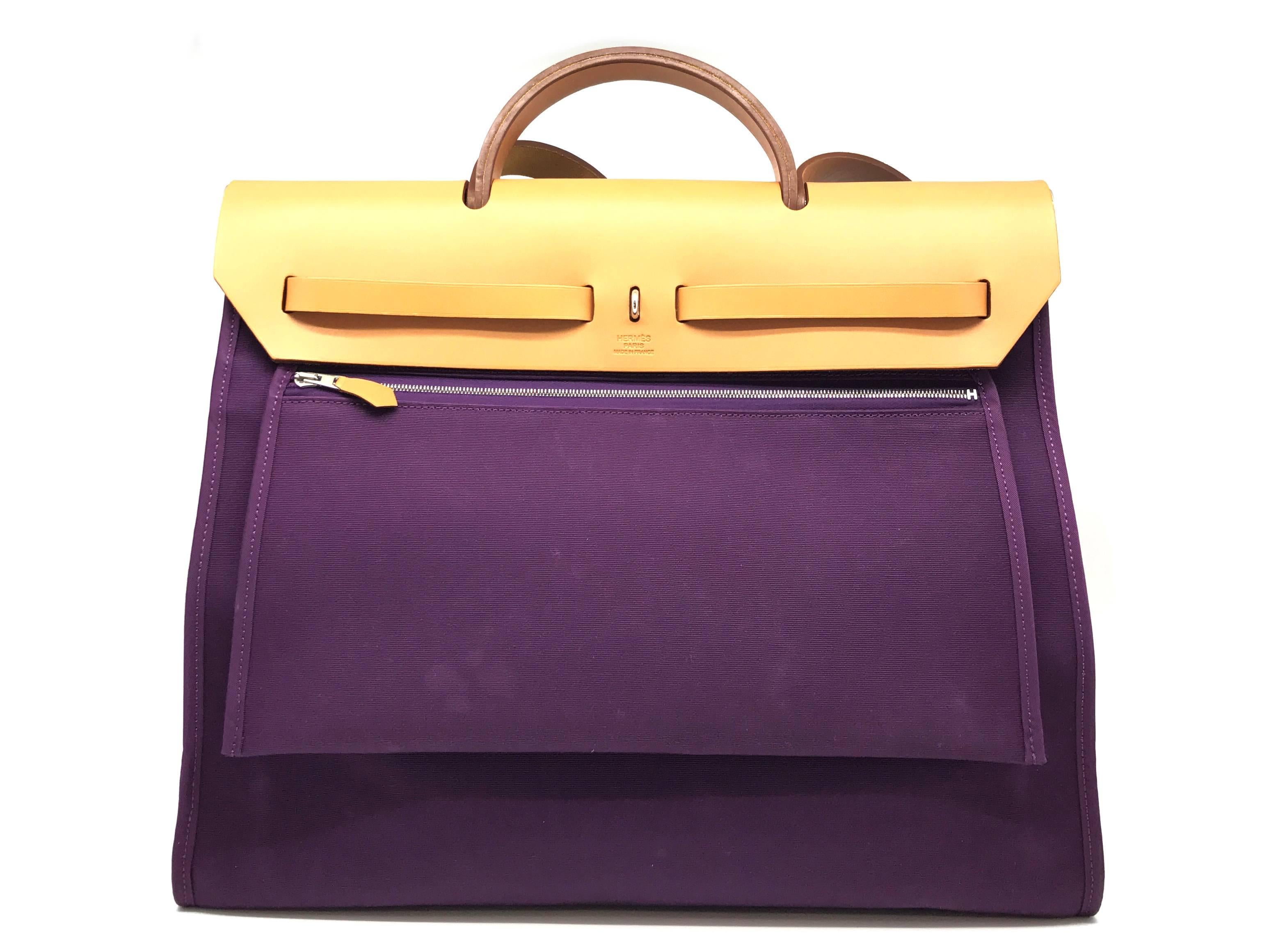 Black Hermes Herbag GM Raisin Purple Canvas Shoulder Bag