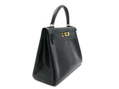 Hermes Kelly 32 Noir Black Box Calf Leather GHW Top Handle Bag