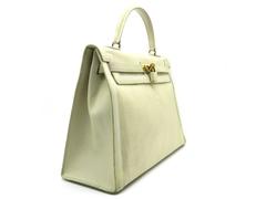 Hermes Kelly 35 Jaune Poussin Beige Box Calf Leather and Canvas Top Handle Bag