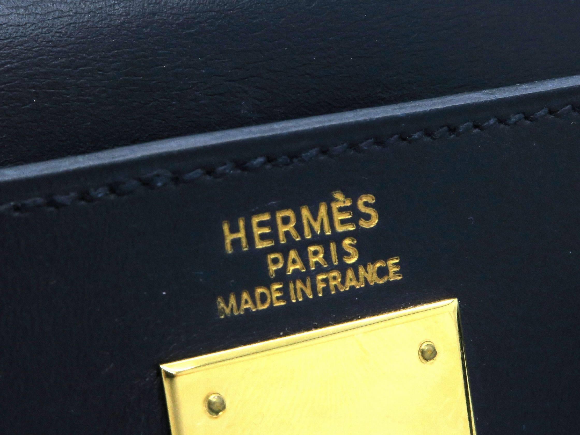 Hermes Kelly 32 Bleu Indigo Nave Box Calf Leather GHW Top Handle Bag For Sale 1