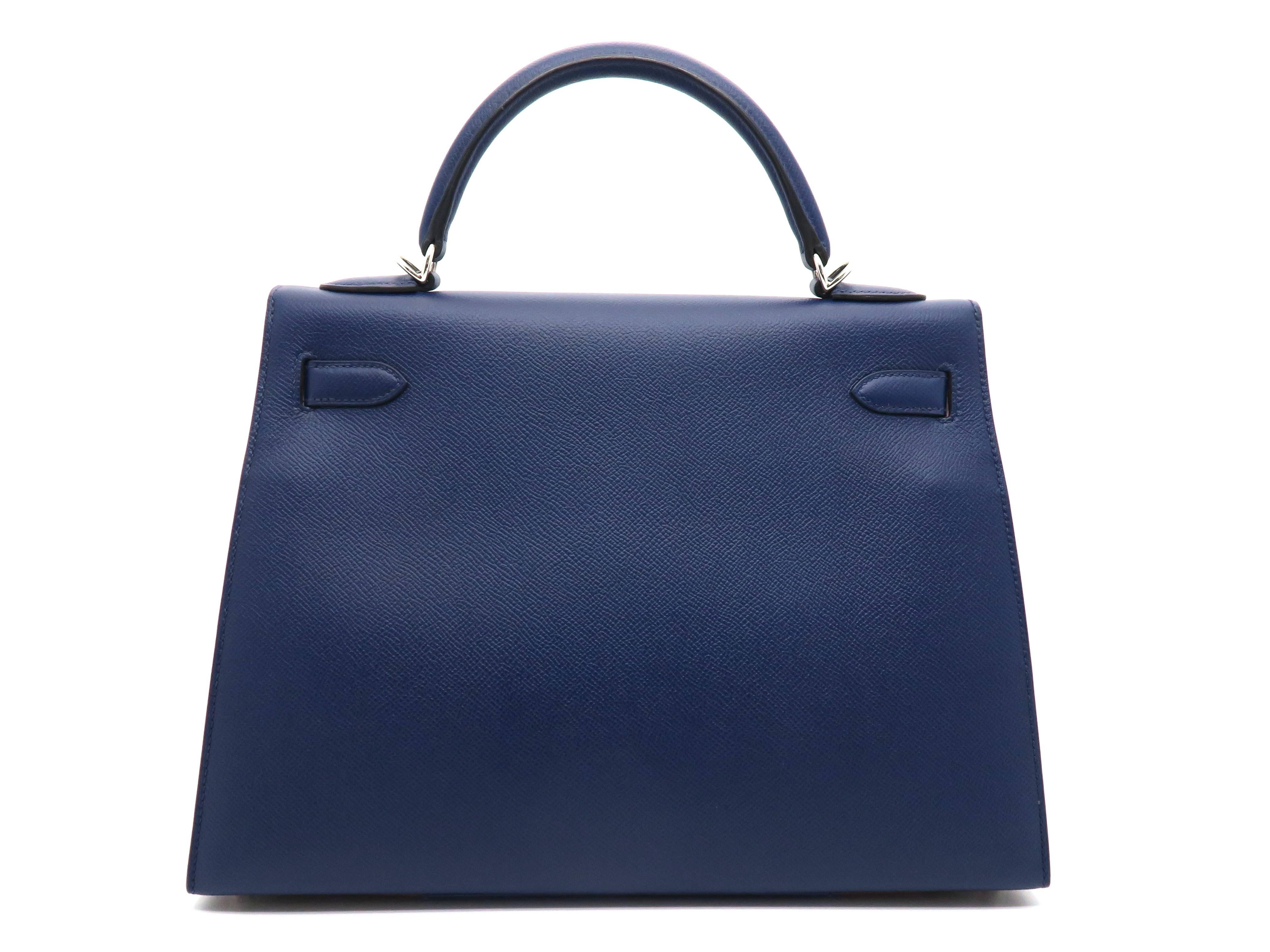 Black Hermes Kelly 32 Navy Blue and Red Epsom Leather Top Handle Bag