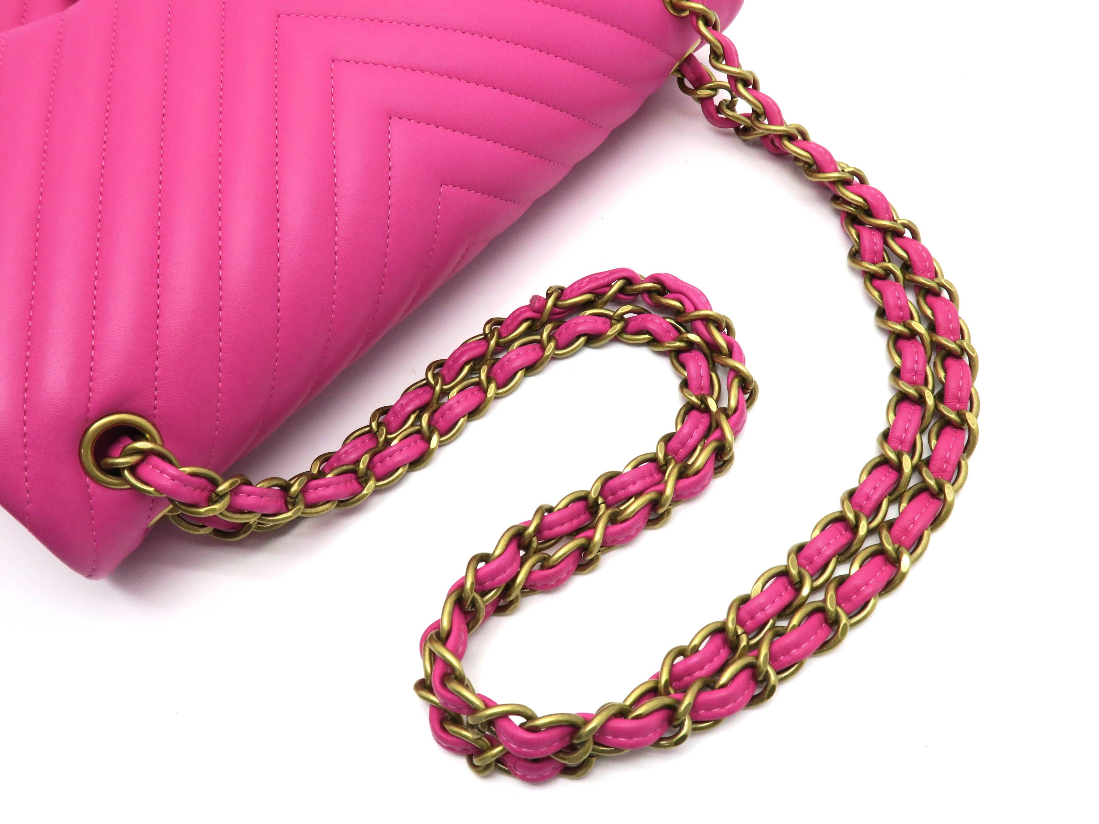 Chanel Chevron Double Flap Pink Lambskin Leather Chain Shoulder Bag 1