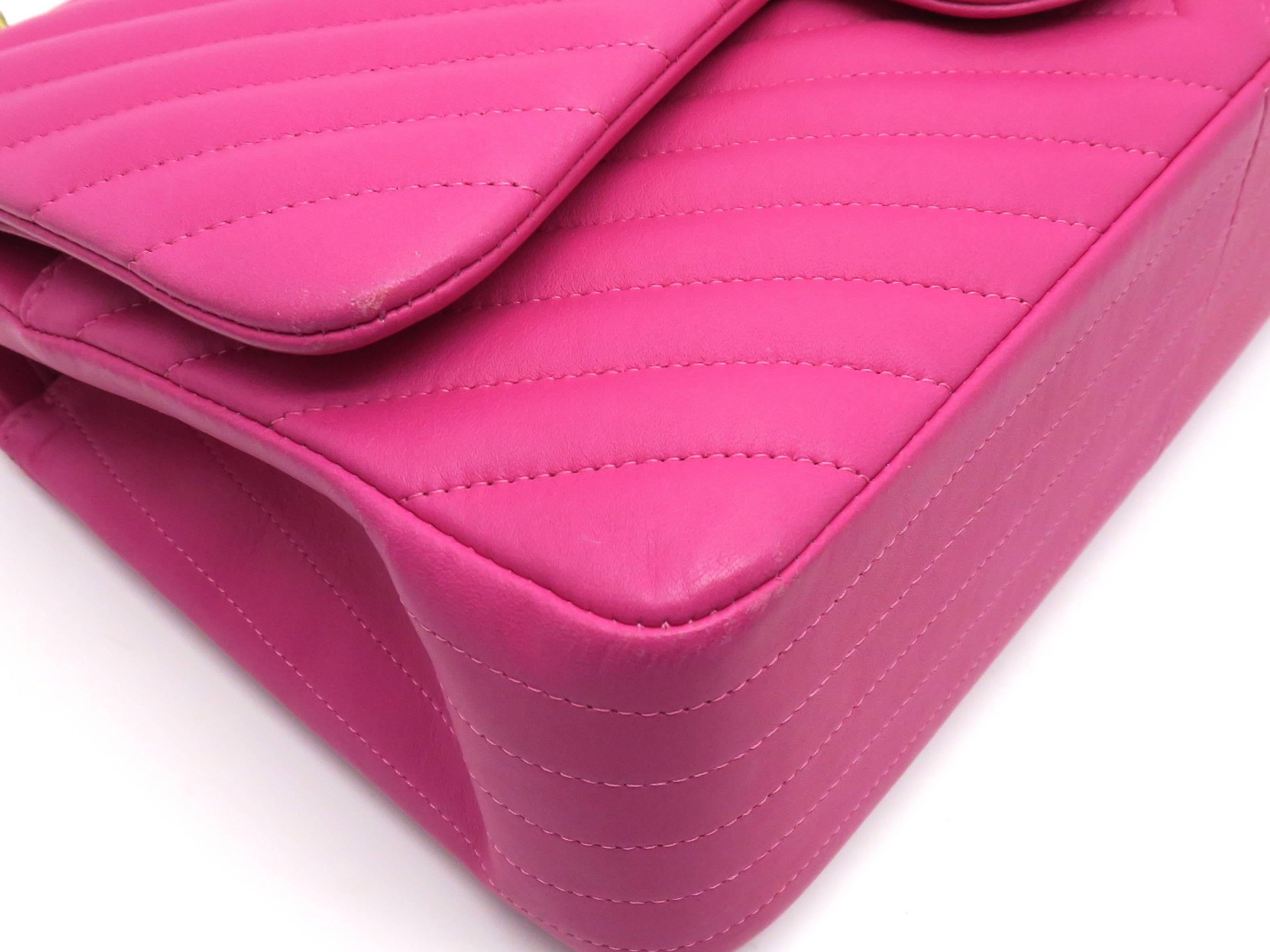 Women's Chanel Chevron Double Flap Pink Lambskin Leather Chain Shoulder Bag